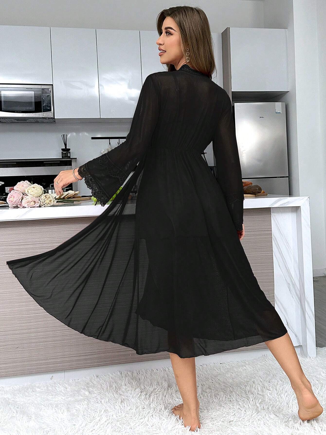 Women Spliced Lace Long Sleeve Robe And Cami Dress Sexy Sleepwear Set Pajama Set