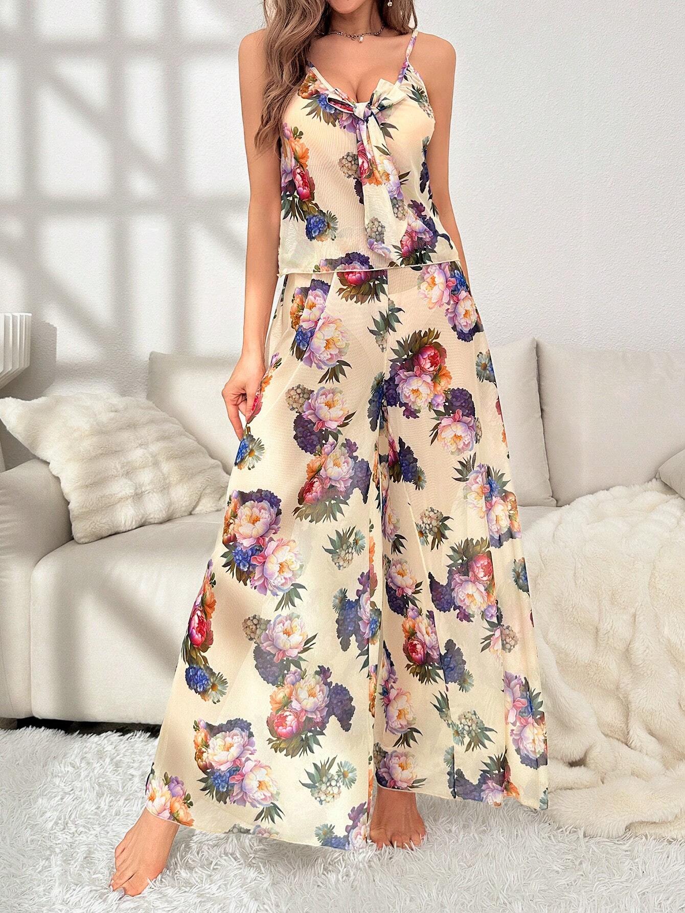 Floral Print Knot Front Cami Top &amp; Wide Leg Pants PJ Set