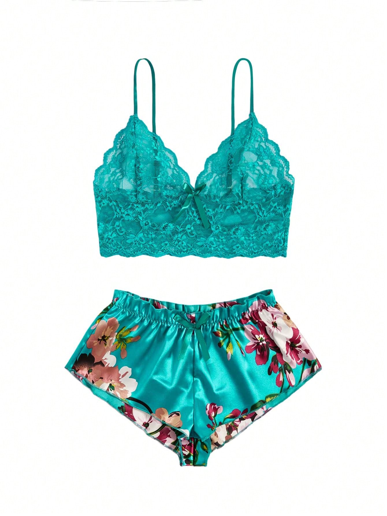 Floral Lace Bralette With Floral Shorts