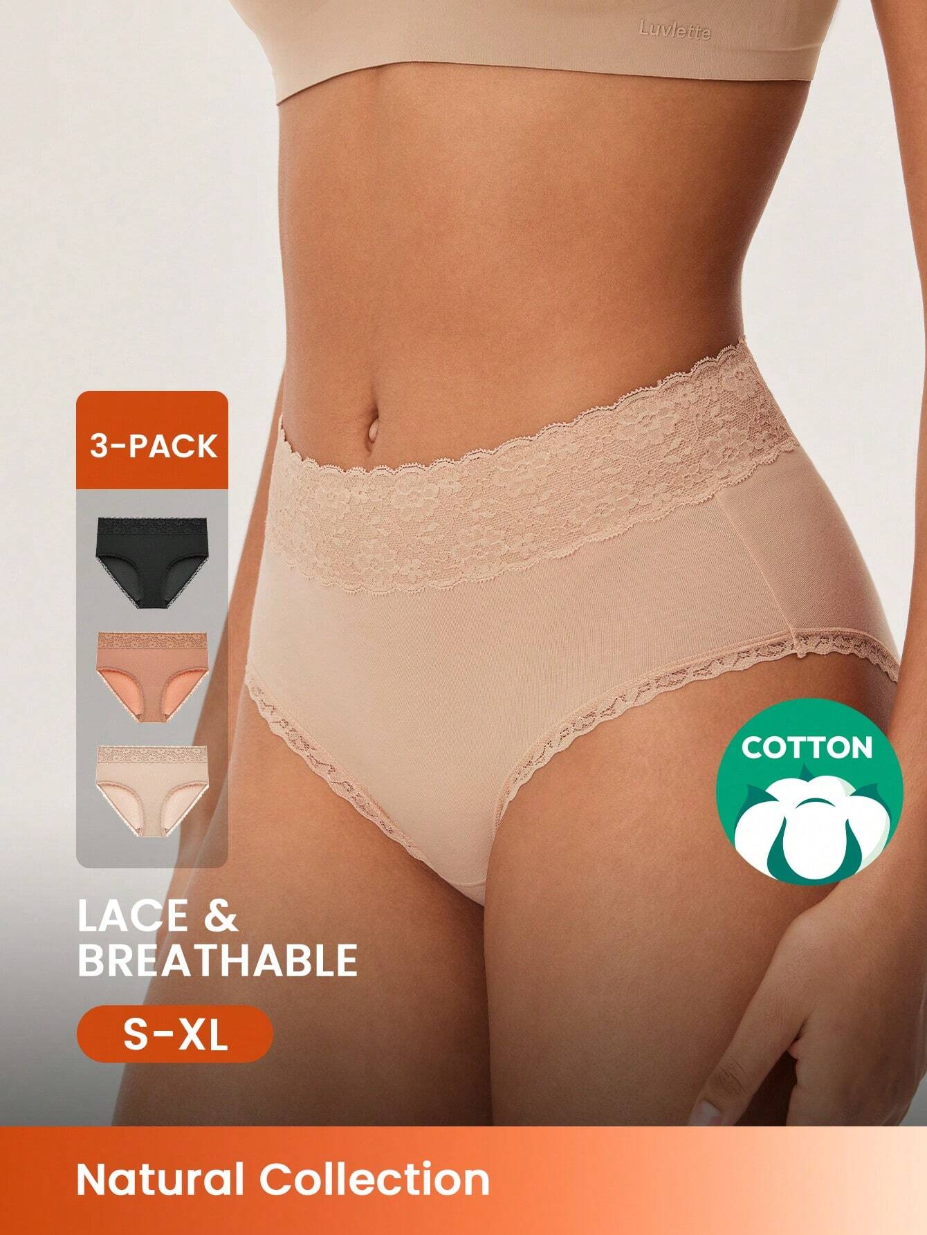 LUVLETTE 3-Pack High-Rise Cotton Girly Women's Underwear Briefs Panty Set