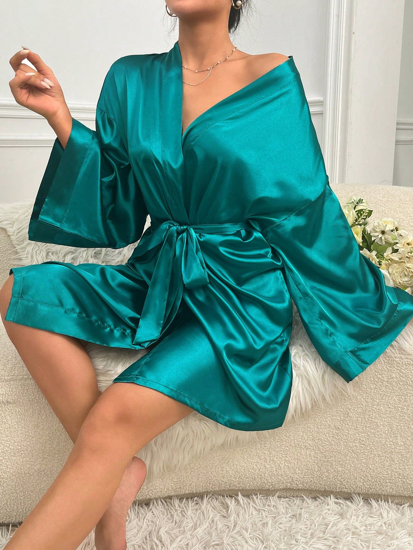 Lip Print Belted Satin Robe