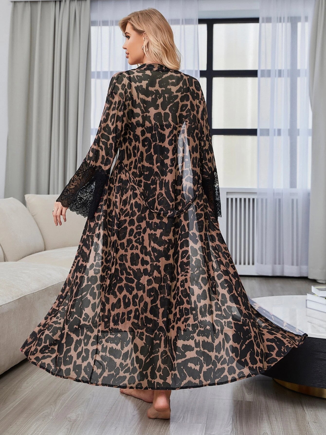 Leopard Print Lace Mesh Slip Dress &amp; Belted Robe Pajama Set
