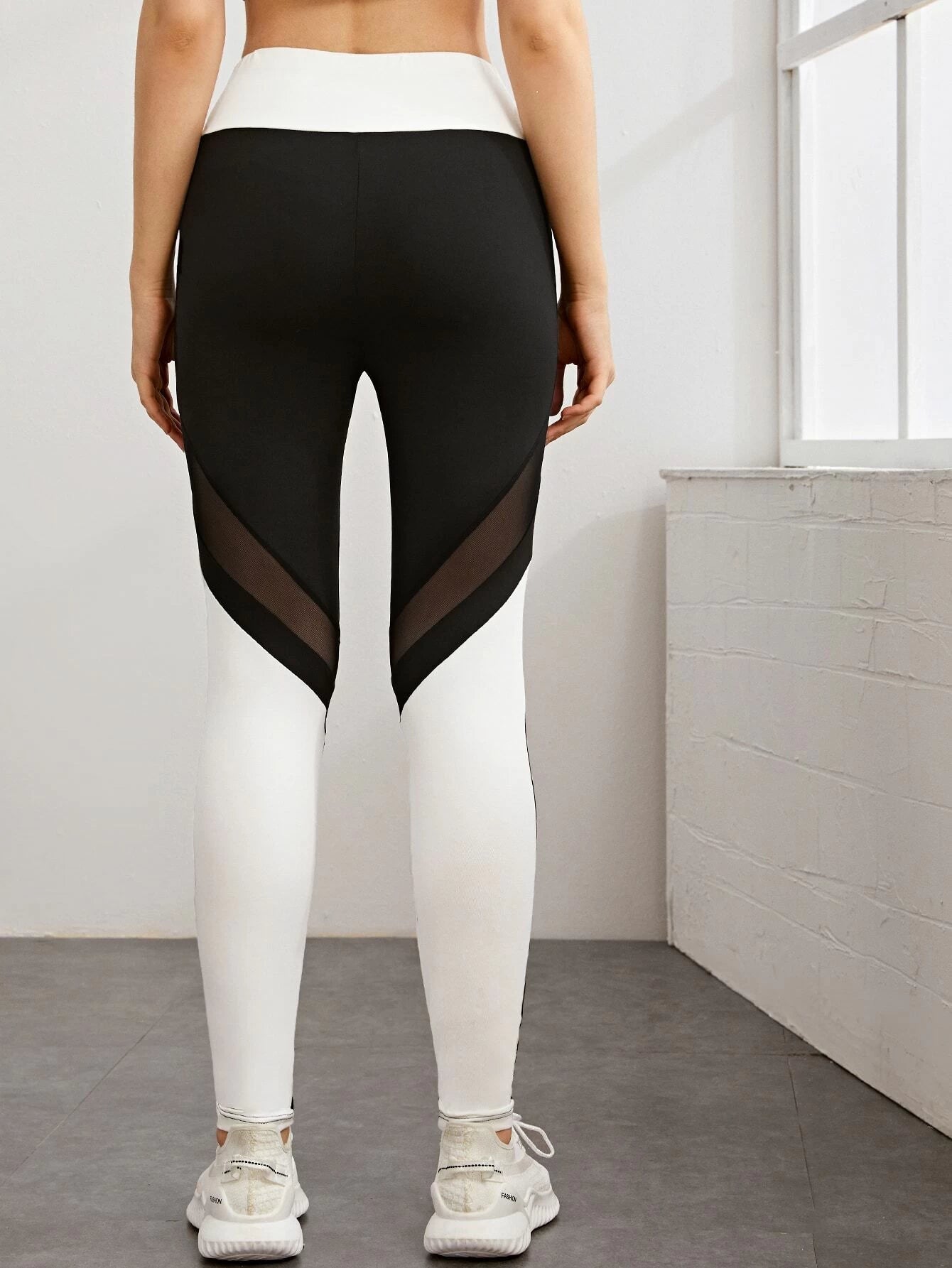 Mulvari Wide Waistband Mesh Insert Colorblock Leggings
