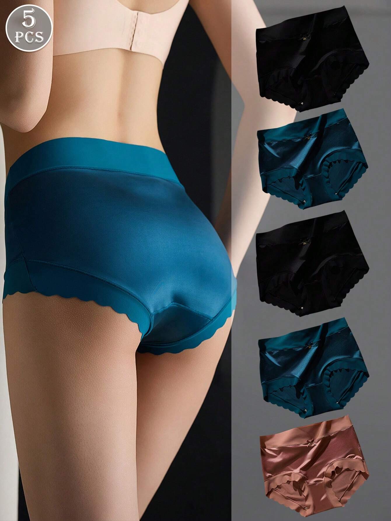 5 Pcs Of Women's Non-Marking Satin Mid-Waist Ruffled Mulberry Silk Bottom Crotch Hip-Lifting Panties