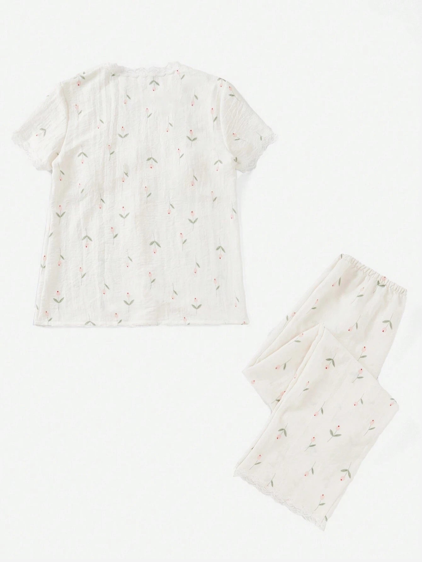 Floral Print Lace Trim PJ Set / Pajama Set White Set