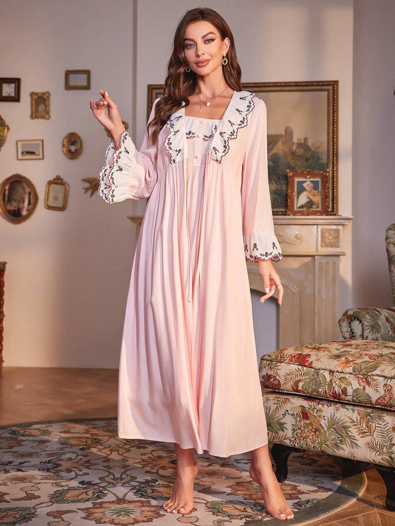 PalaceNights Floral Embroidery Flare Sleeve PJ Set / Pajama Set