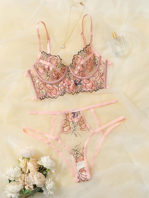 Floral Embroidery Mesh Cut Out Lingerie Set Baby Pink