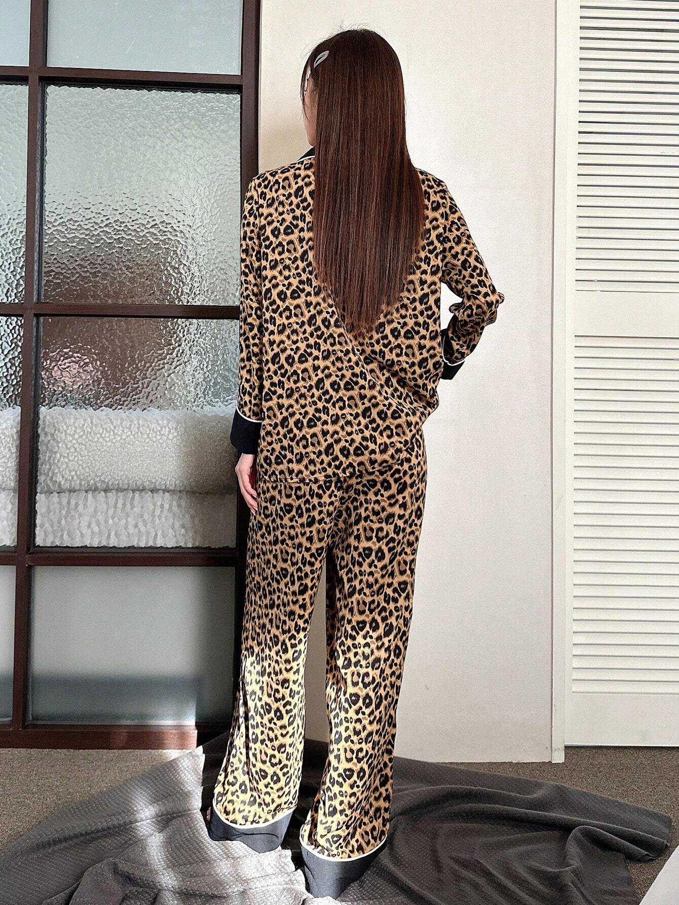 DAZY Color Block Leopard Print Edge Rolling Long-Sleeved Top And Pants