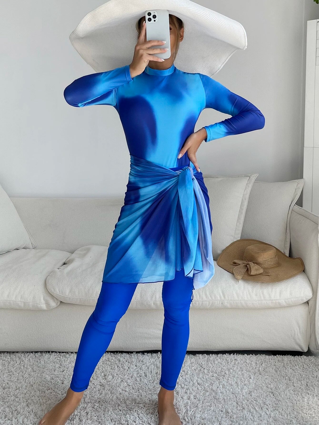 Swim Mulvari 3pack Full Body Tie Dye Long Sleeve Burkini One Piece Swimsuit &amp; Beach Skirt &amp;