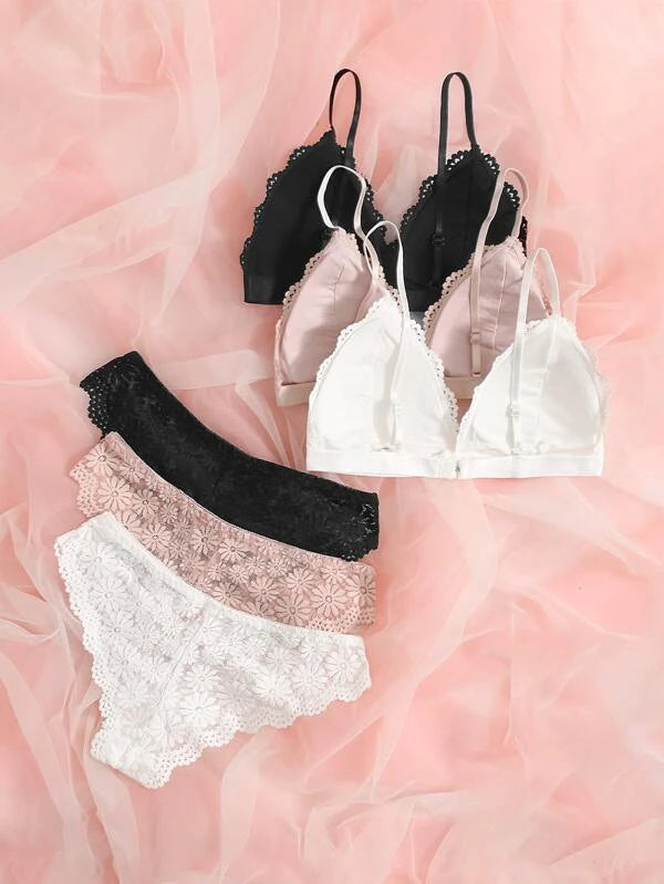 3sets Floral Lace Scallop Trim Lingerie Set