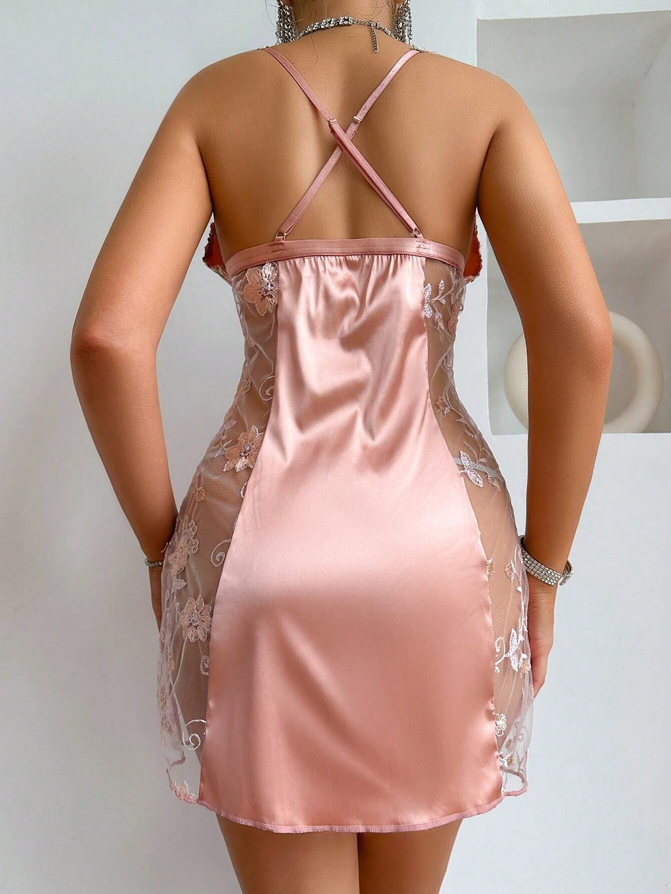 Women's Deep V-Neck Cross Back Sheer Embroidery Net Panel Sleep Dress