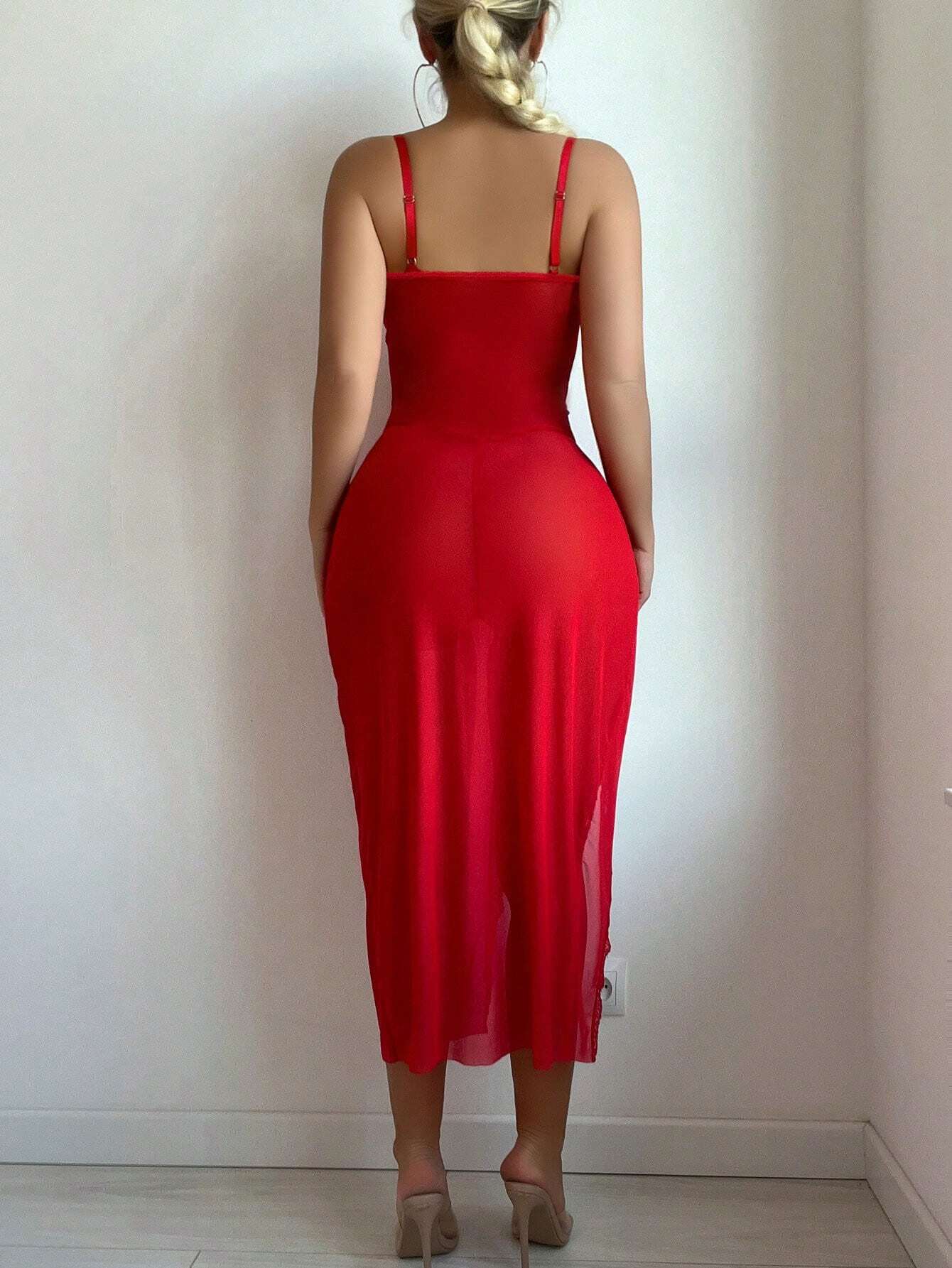 Sexy Lace Splice Mesh Underwear Maxi Dress And Thong Panty