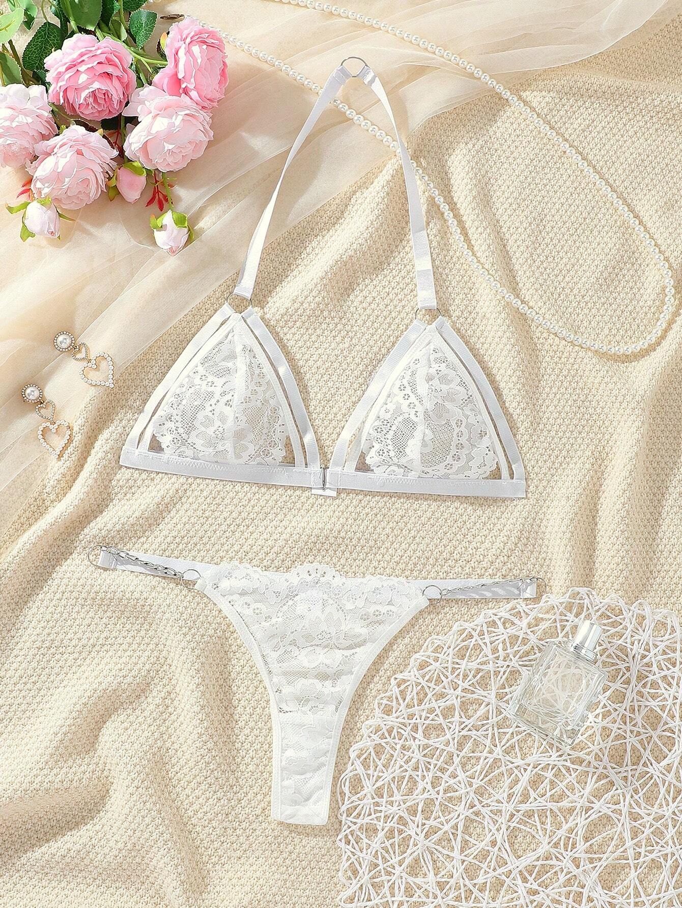 Classic Sexy Floral Lace Harness Lingerie Set White