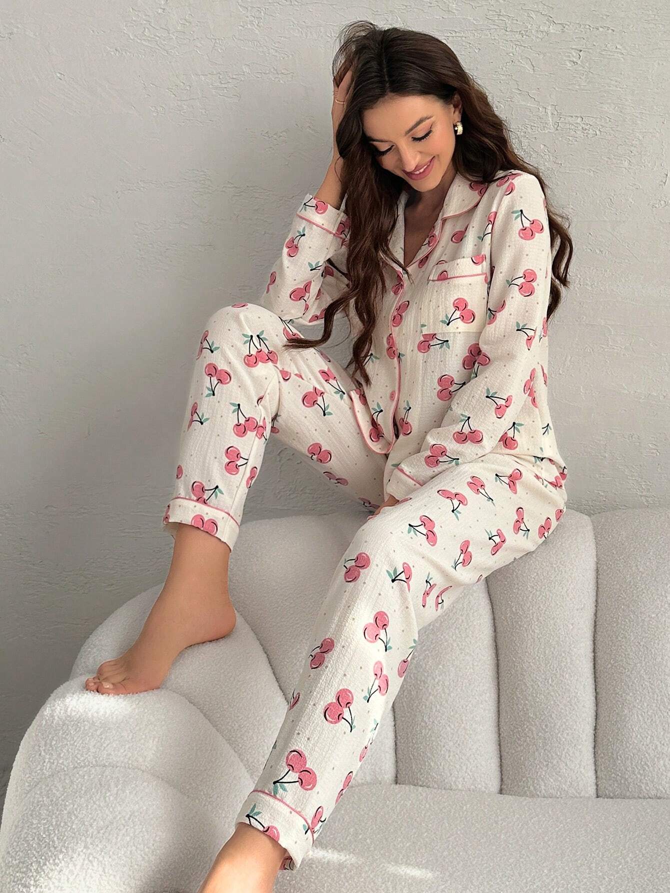 Women's Cherry Print Long Sleeve Long Pants Pajama Set