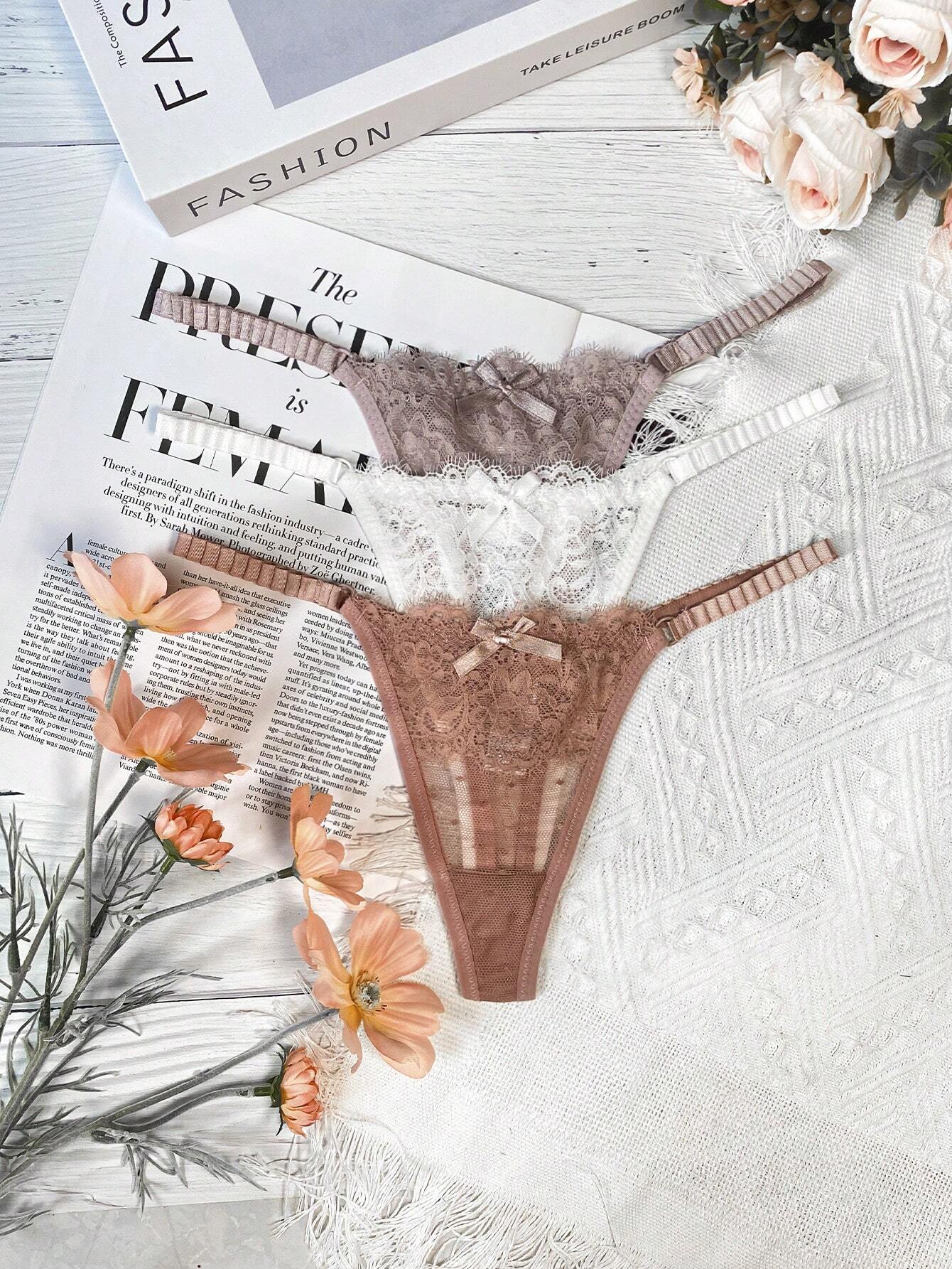 Women's Contrast Lace Bow Decor Sexy Thong Panties