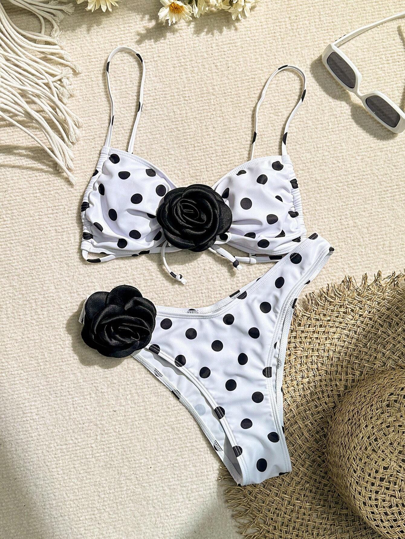 Women's Floral Decor 3d Flower Swimsuit Set Black & White