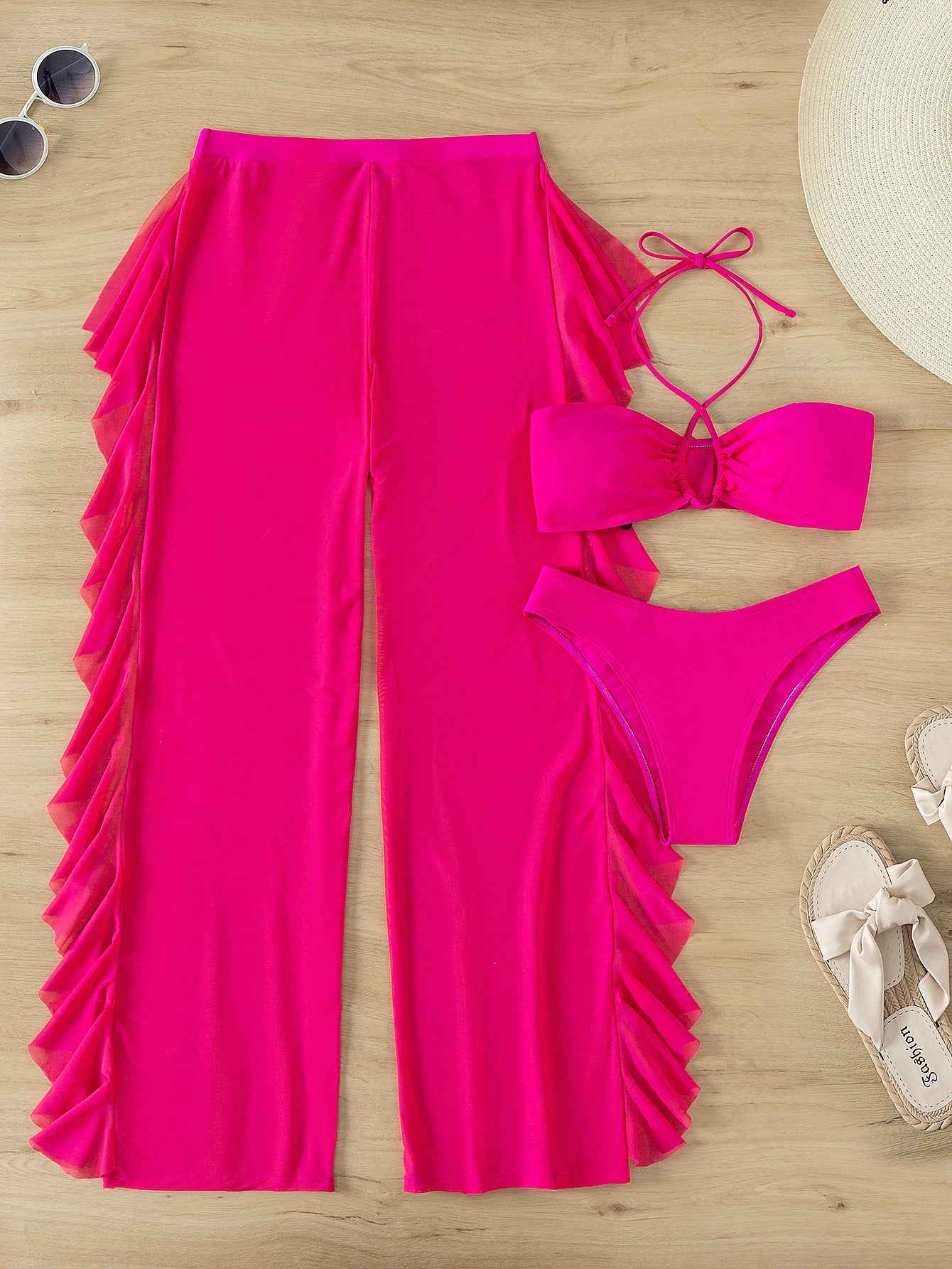 SHEIN Swim SXY Mono Bikini Set Crisscross Halter Wireless Bra Top &amp; High Cut Bikini Bottom &amp; Mesh Cover Up Pants 3 Piece Swimsuit XS Hot Pink