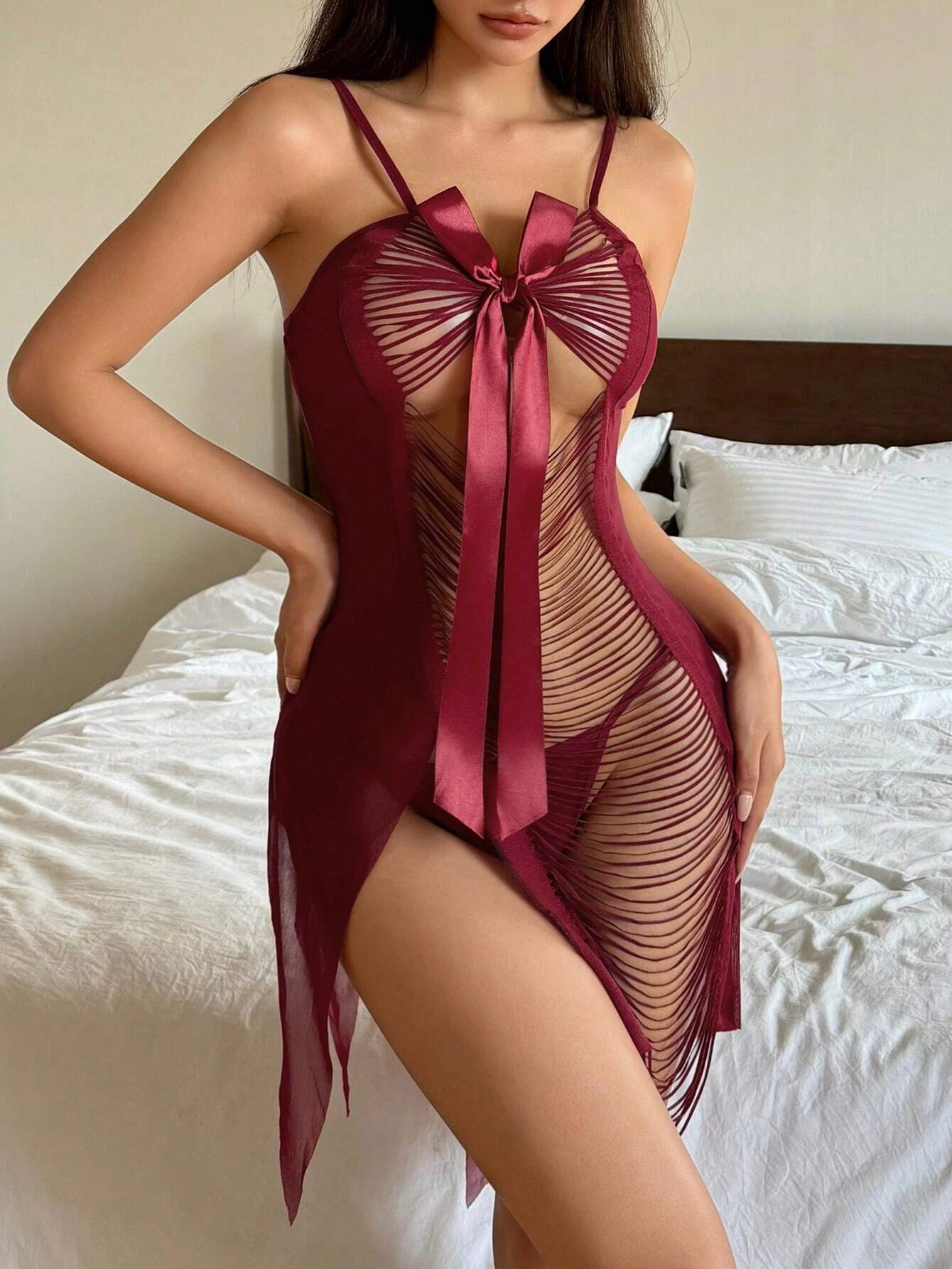 2pcs Sheer Mesh Hollow Out Fringe Sexy Nightdress