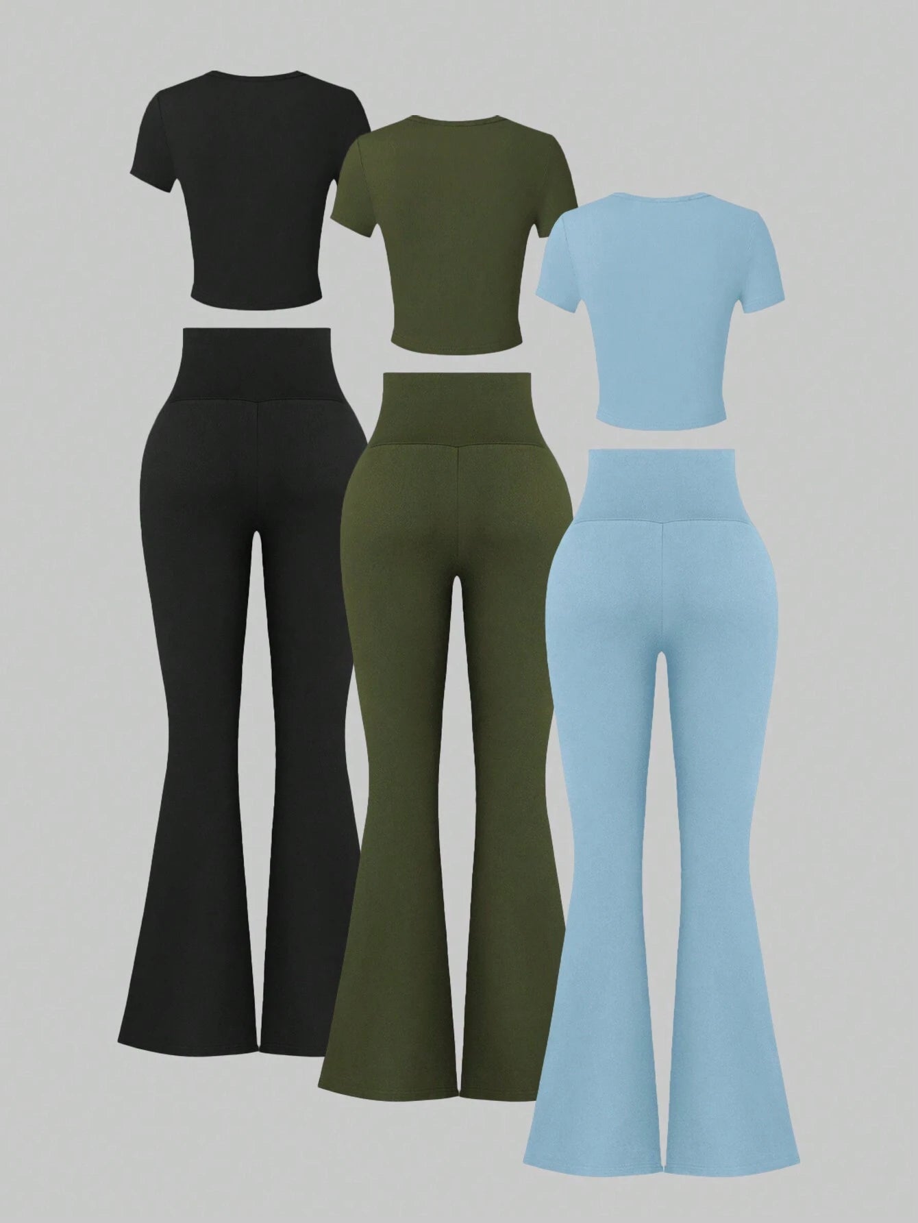 EZwear 3pcs/Set Round Neck Short Sleeve T-Shirt And High Waist Bell-Bottom Pants Casual Suit