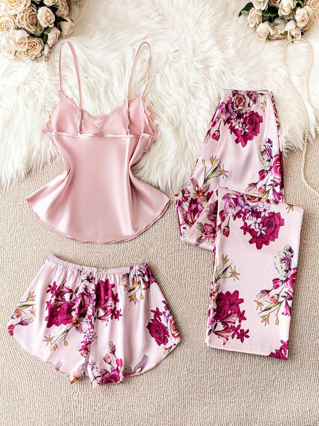 Floral Print Appliques Satin PJ Set