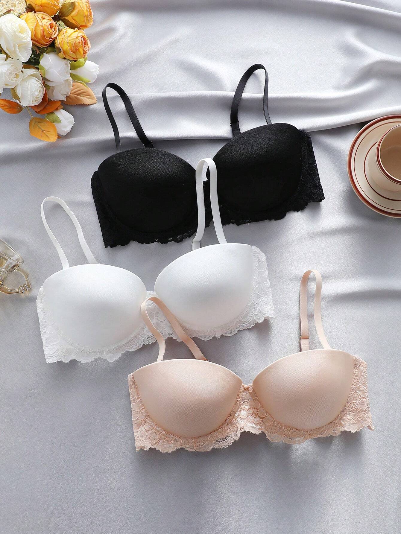 3pcs Contrast Lace Underwire Bra