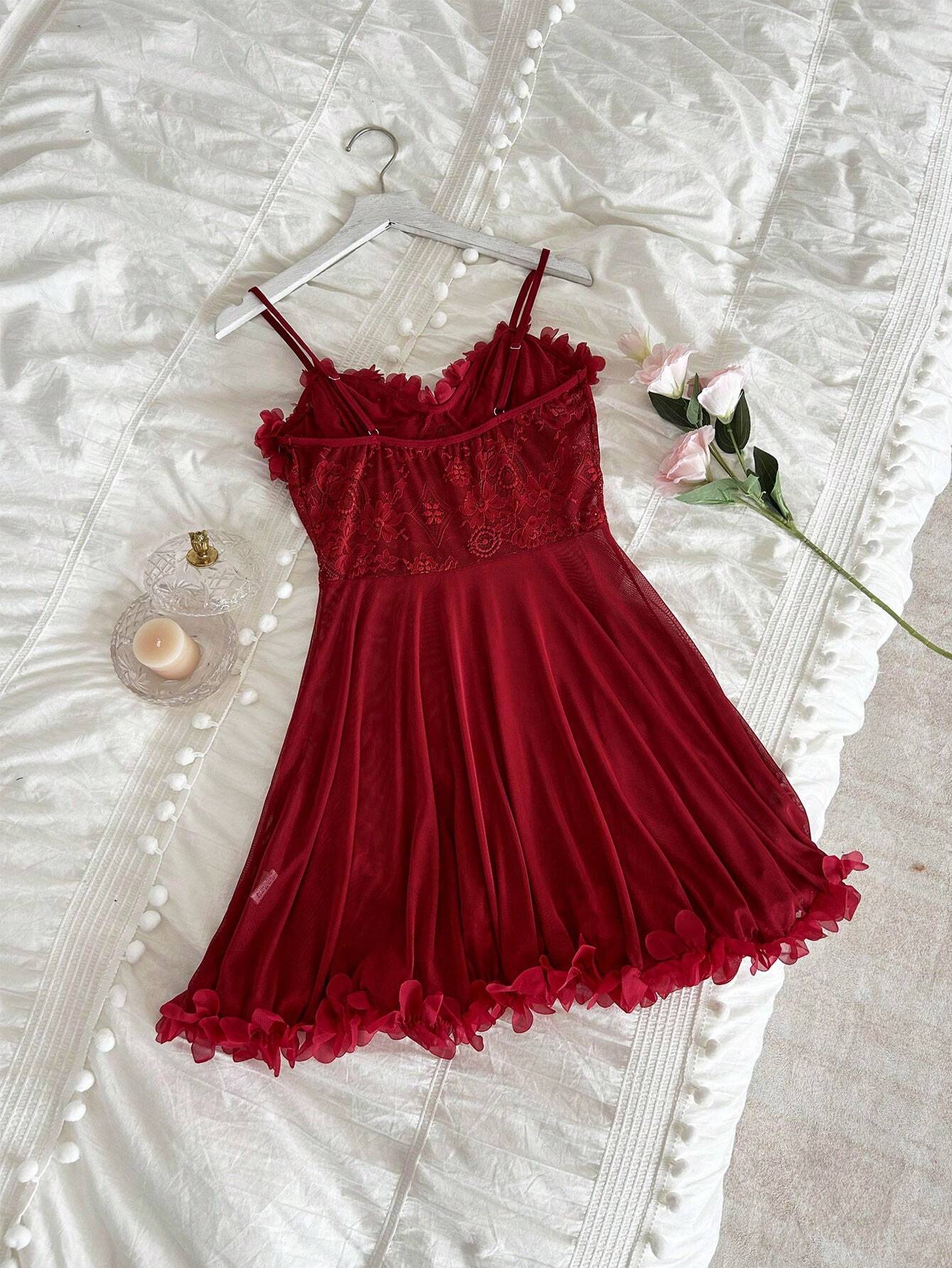 3D Flower Design Lace See-Through Cami Sleep Dress Pajama Dress