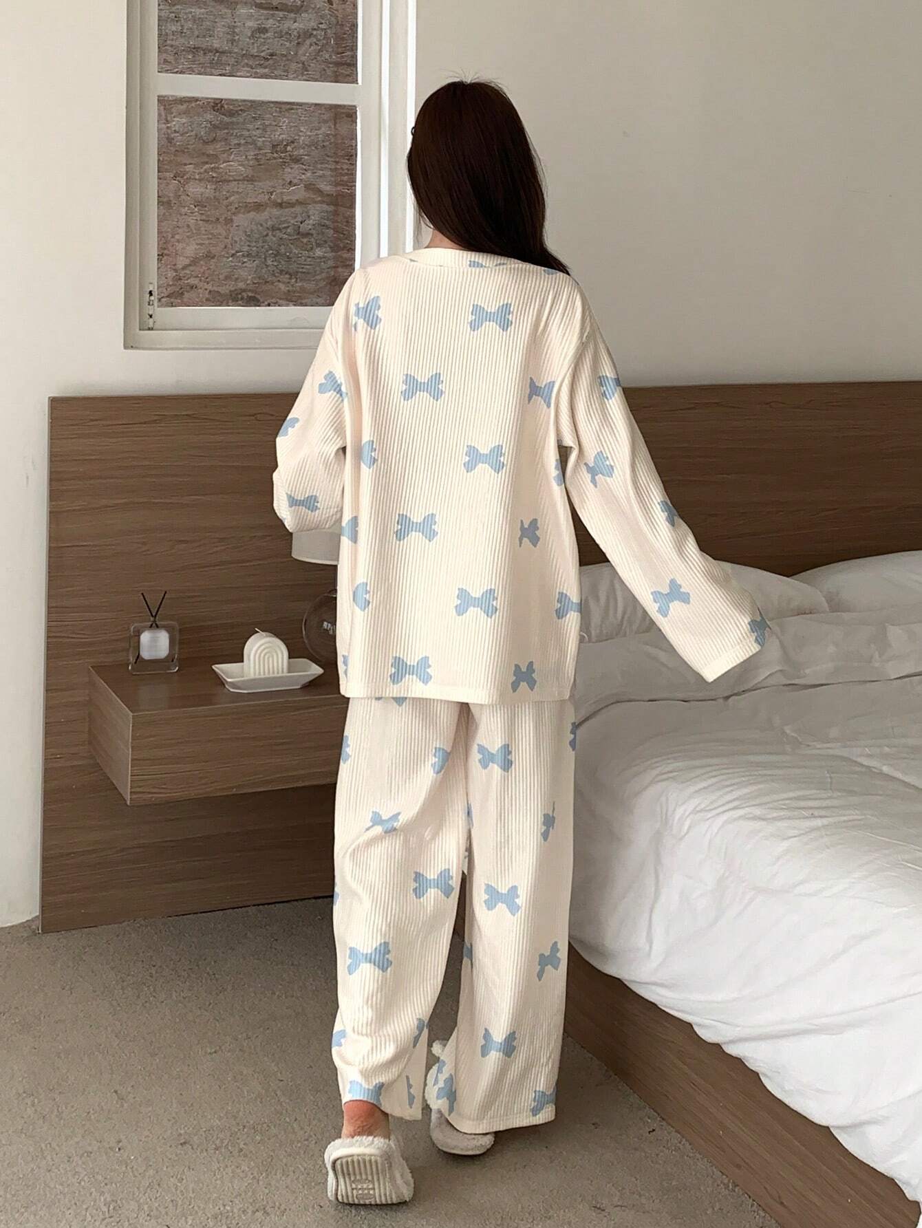 DAZY Winter Striped Textured Cute Bow Pattern Print Cardigan Pajamas Set