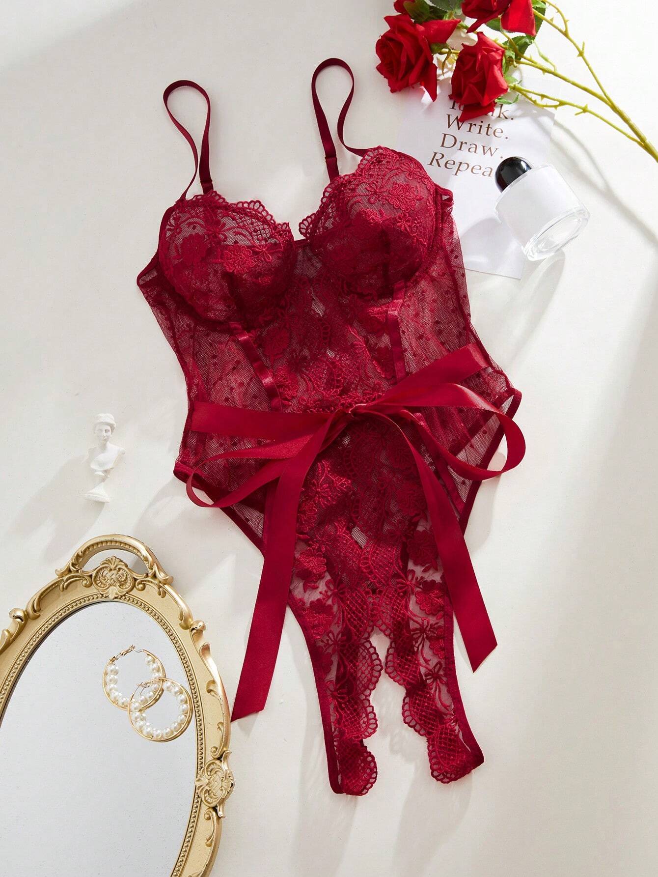 Women's Lace Ribbon Belt Sexy Spaghetti Strap Bodysuit Lingerie