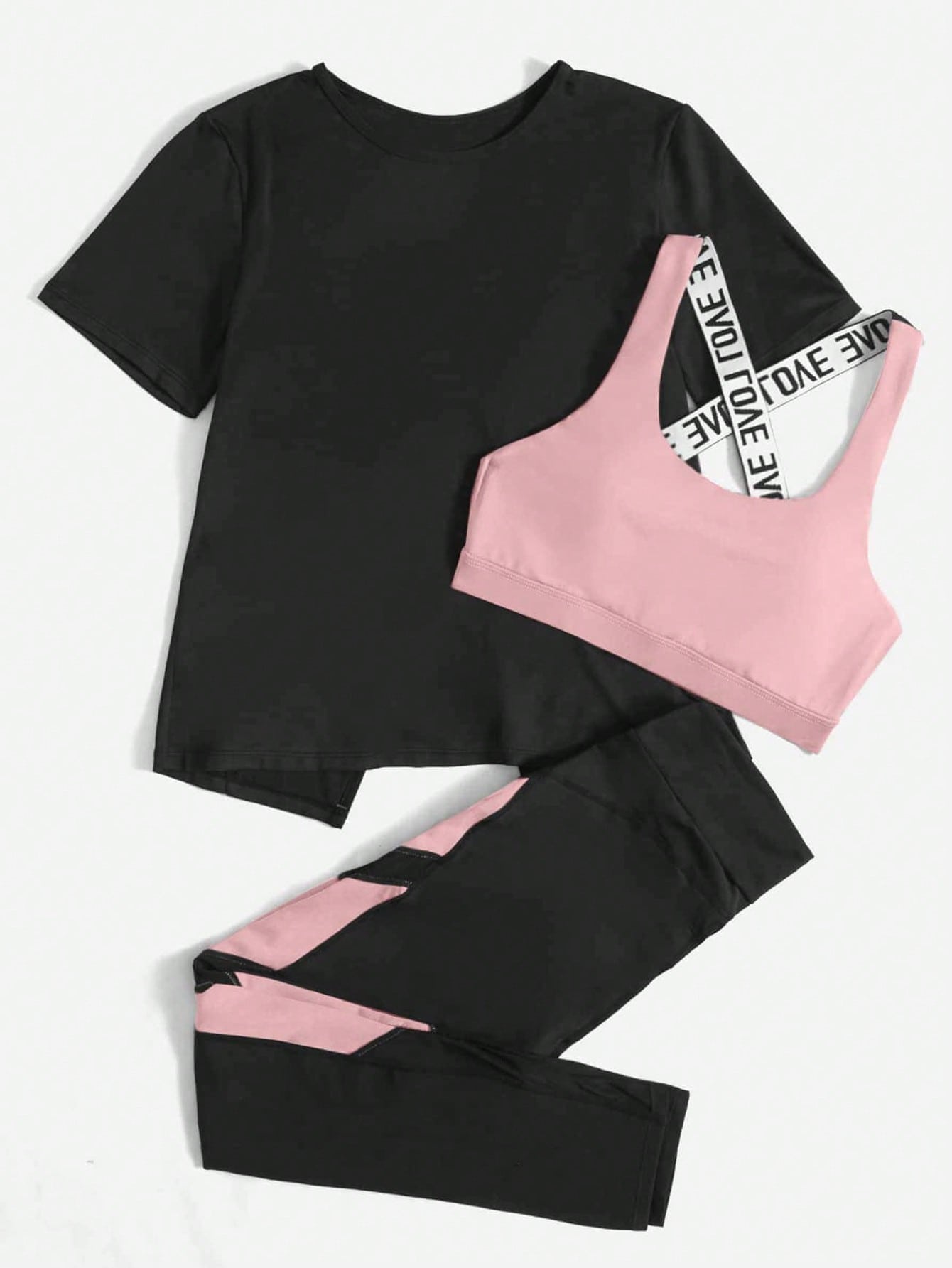 Yoga Future 3pcs Contrast Letter Tape Colorblock Asymmetrical Hem Sports Set