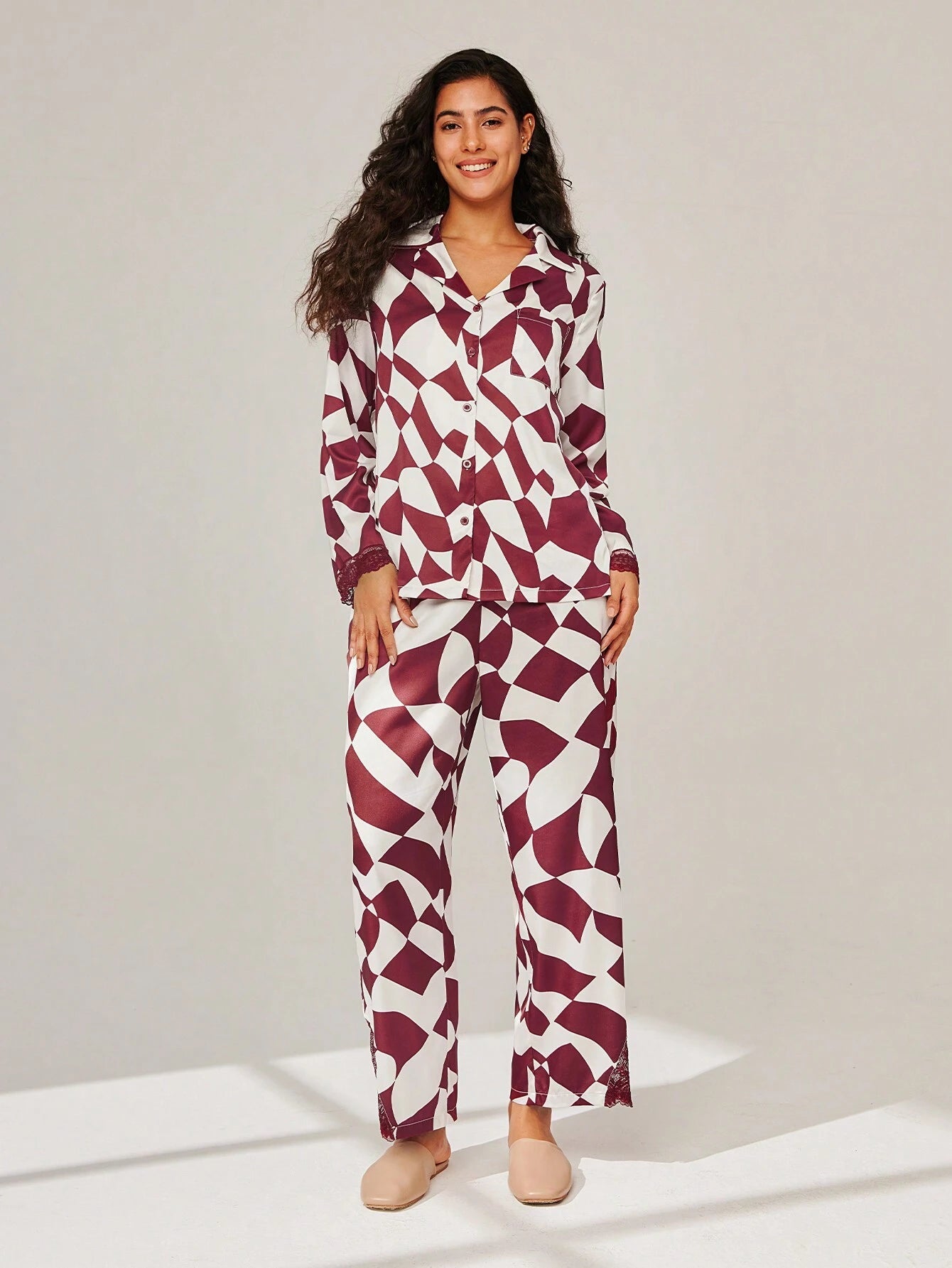 LUVLETTE Christmas Geometric Print Lace Lined Button Up Pajama Set
