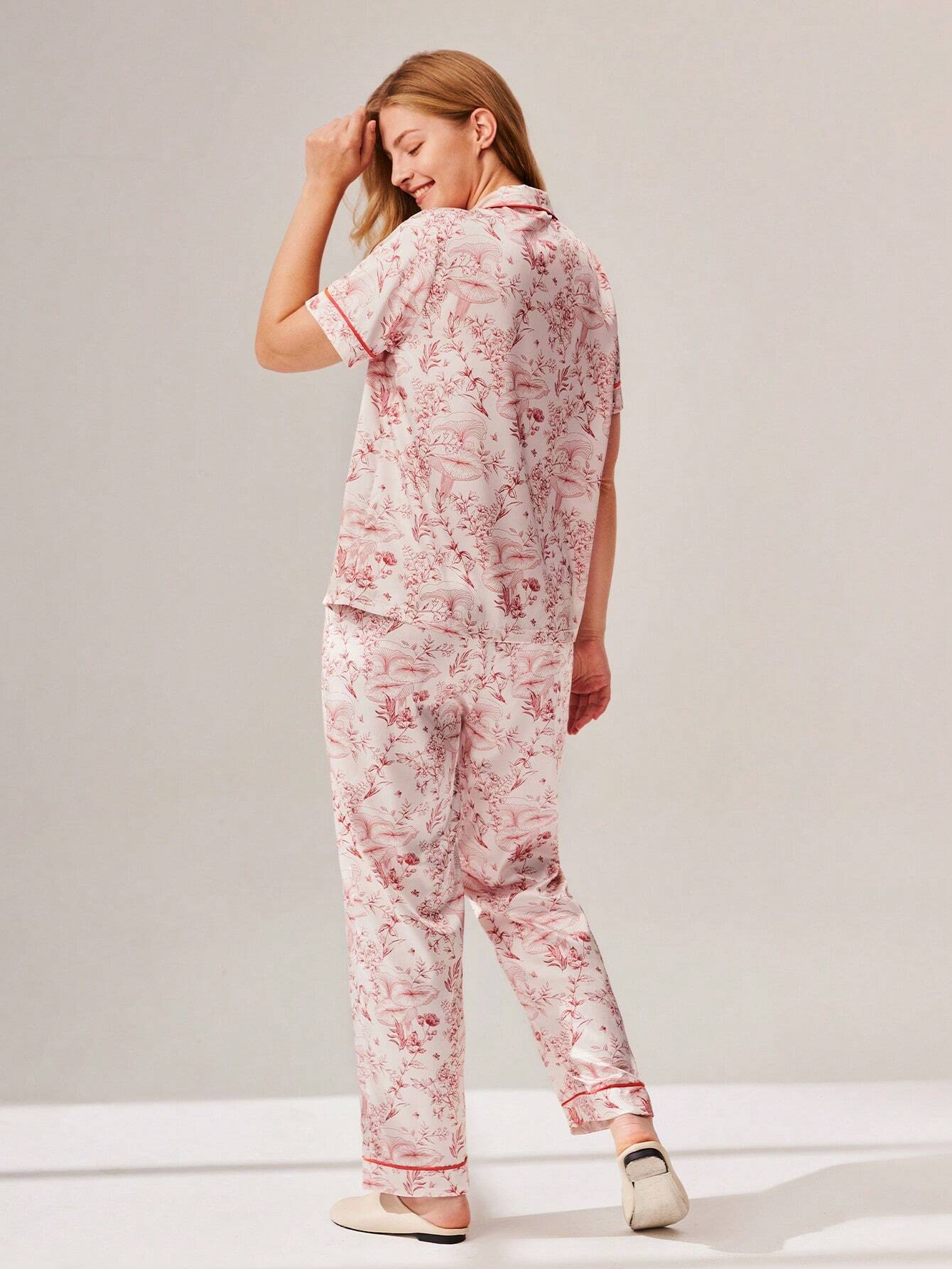 LUVLETTE Satin Floral Short-Sleeve Button-Up &amp; Pants Women Pajama Set