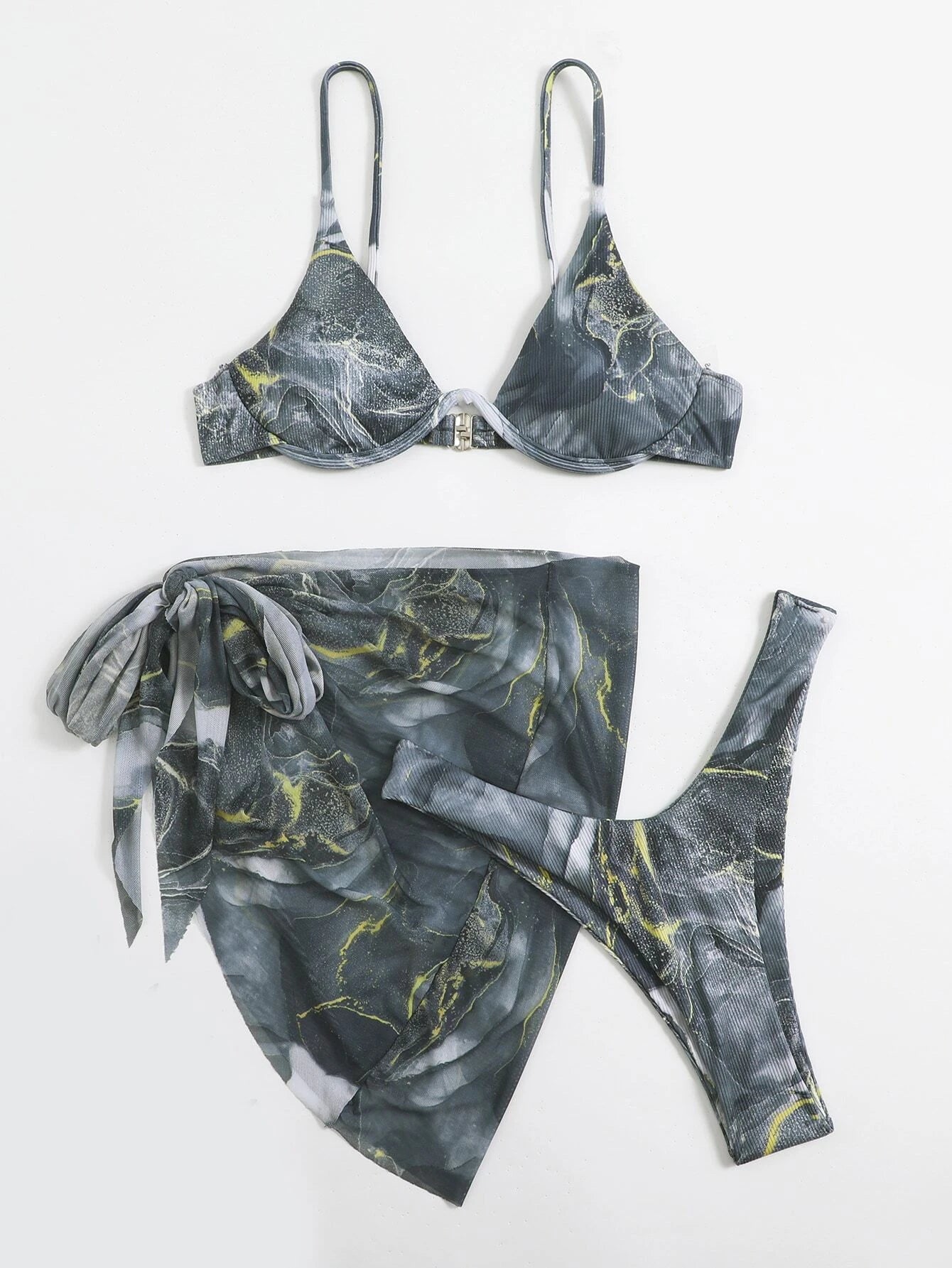 Swim Vcay Marble Print Ribbed Bikini Set Underwire Cami Bra &amp; Cheeky Bottom &amp; Beach Skirt 3 Piece Bathing Suit