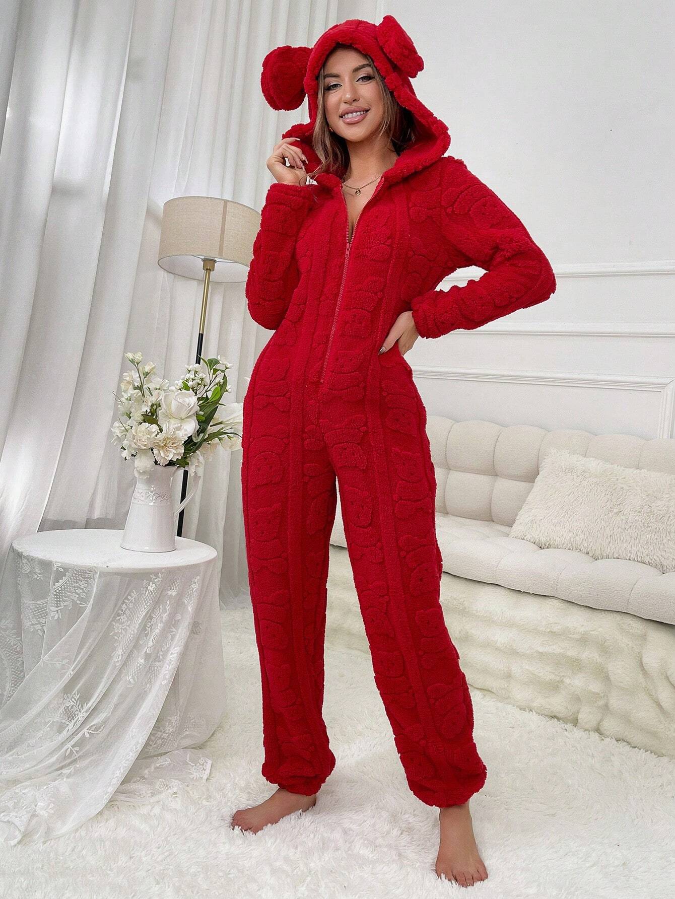 Women's Animal Ear Design Plush Pajama Jumpsuits