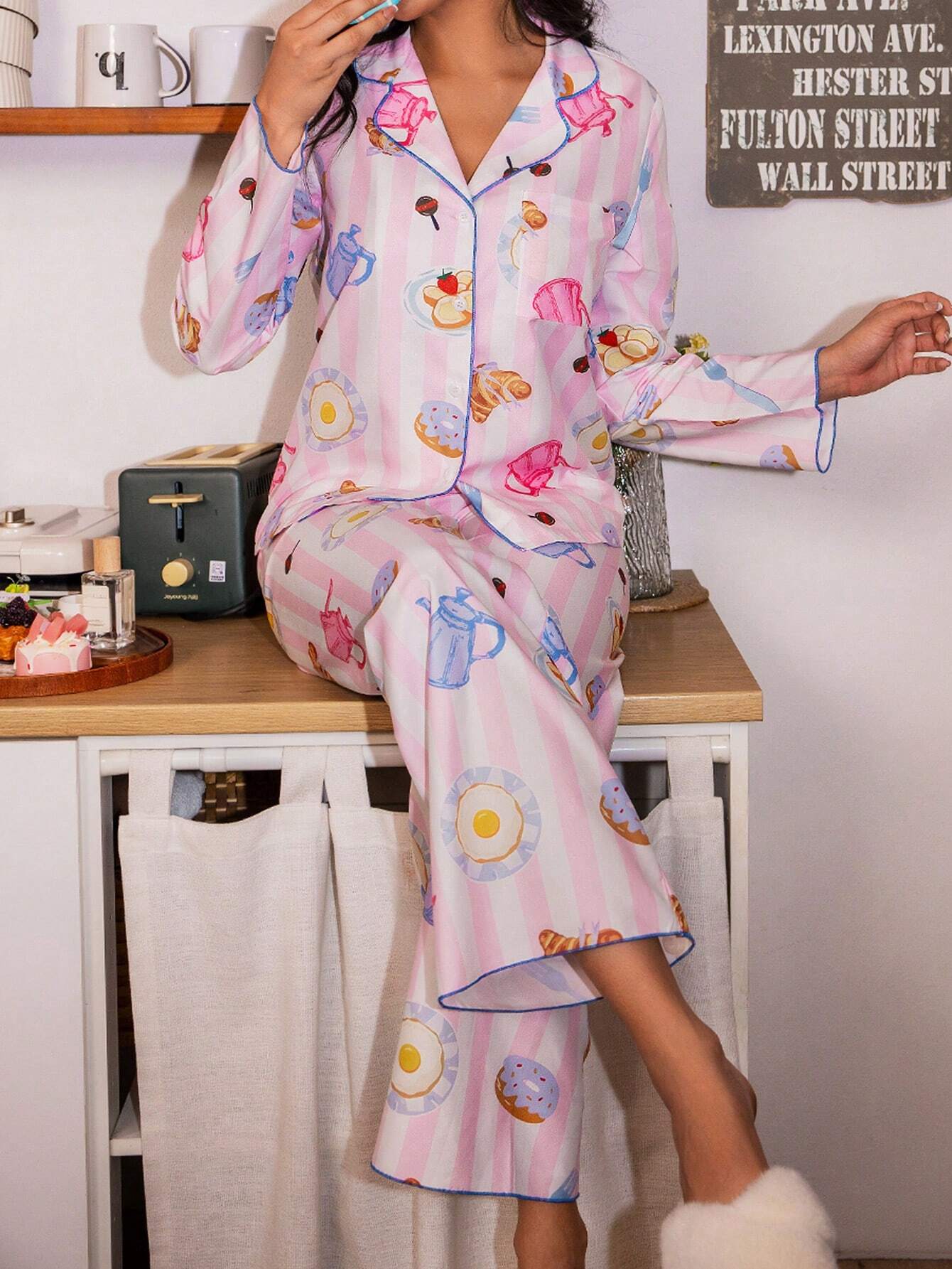 Women Contrast Trim Front Button Long Sleeve Printed Casual Top And Long Pants Multicolor