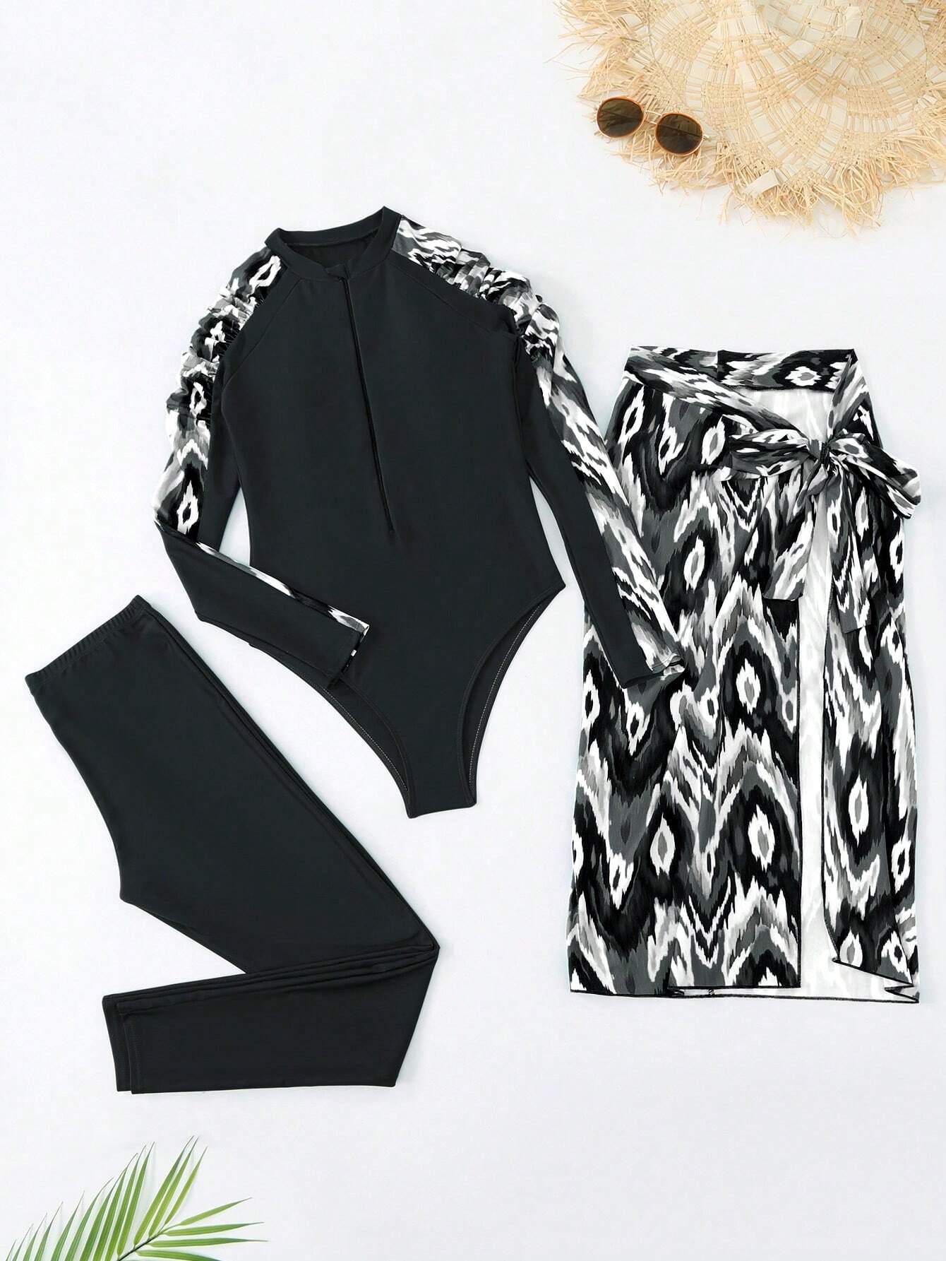 Swim Mulvari Summer Beach Women's Tie-Dye Splicing Jumpsuit With Pants &amp; Skirt Cover-Up Swimsuit