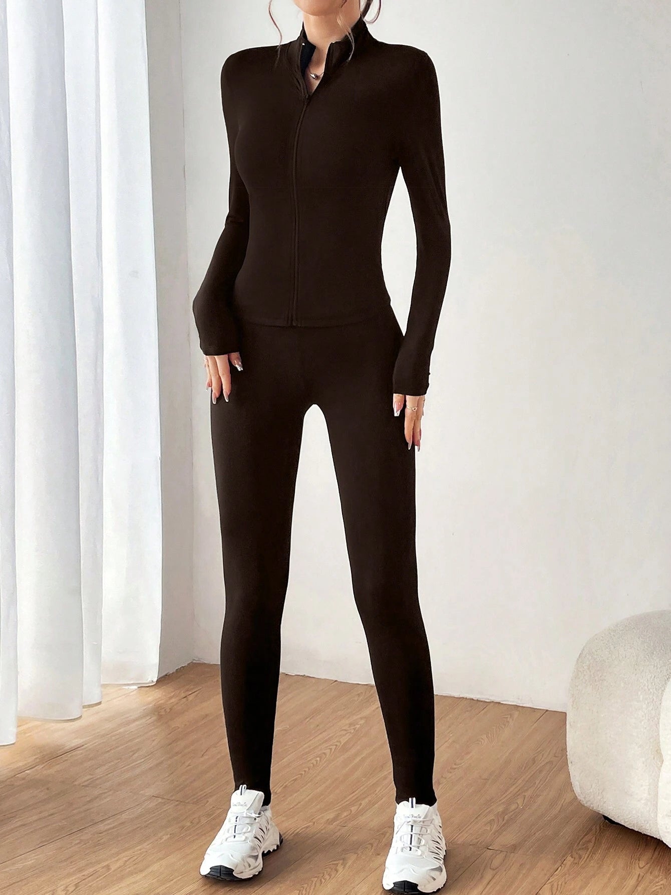 EZwear Ladies' Zipper Half Placket Long Sleeve T-Shirt And Leggings Set