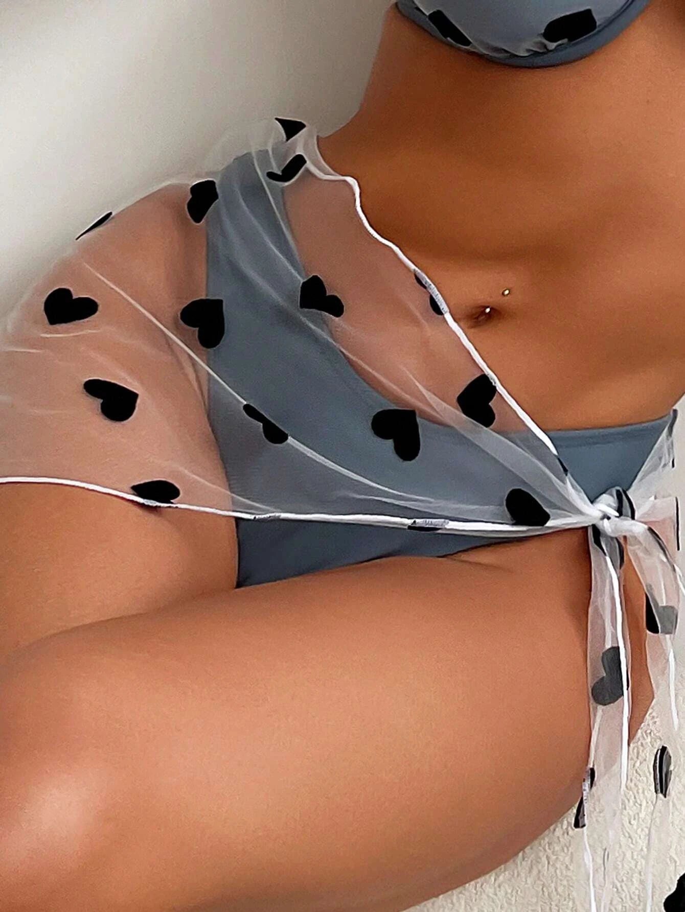 Swim Summer Beach Heart Print Underwire Bikini Set With Beach Skirt