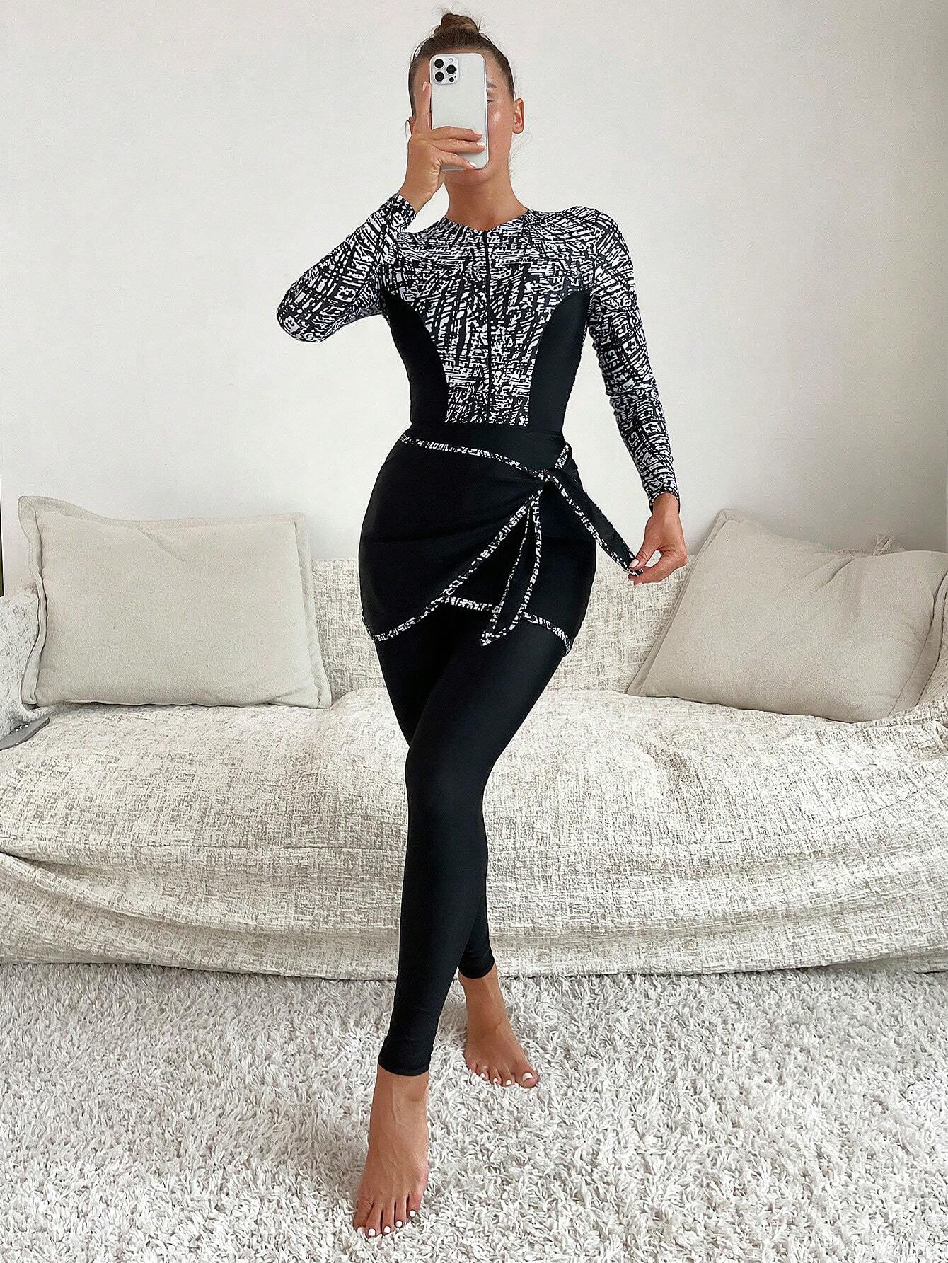 Swim Mulvari Summer Beach Ladies' Solid Color Pants &amp; Floral Patchwork Cover Up Skirt And One Piece Swimsuit Set Multicolor