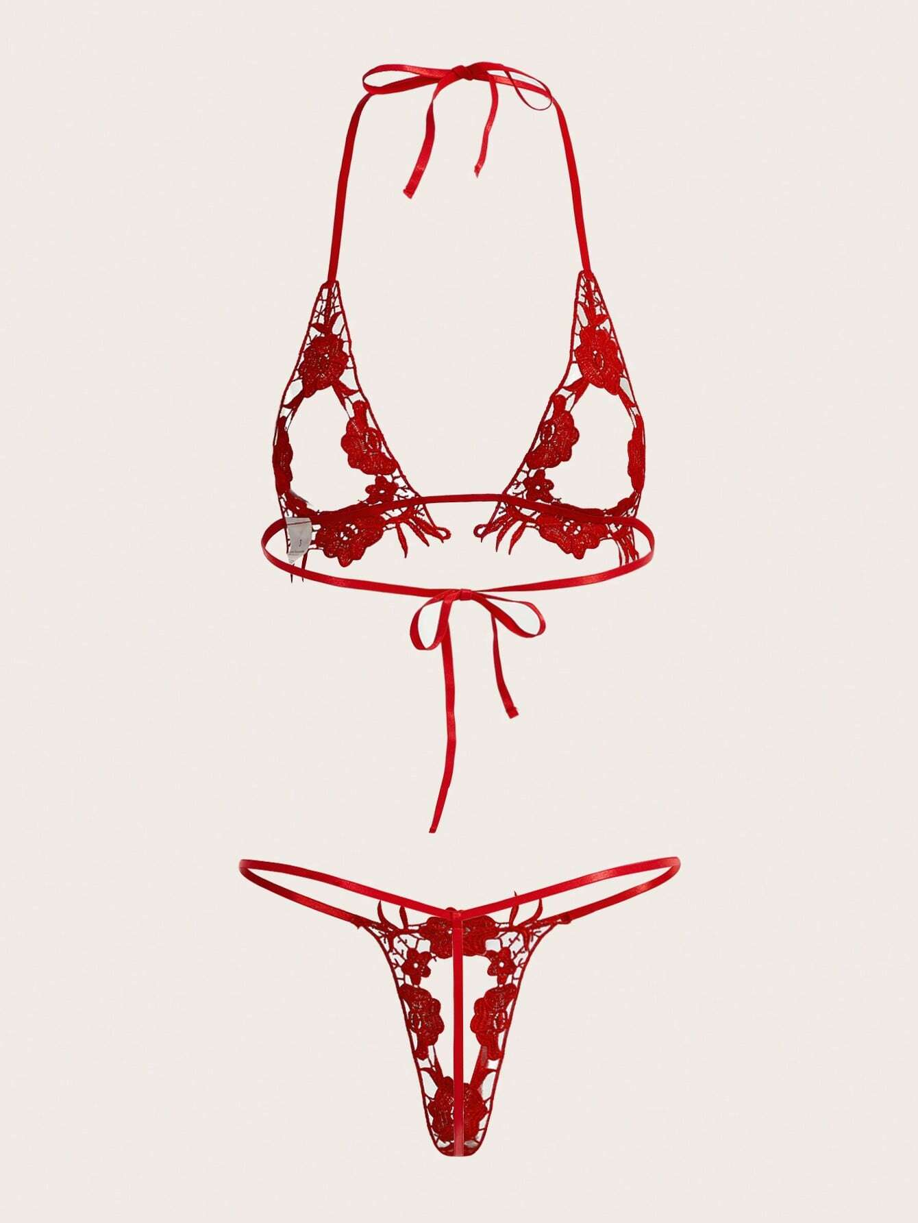 Floral Embroidery Halter Lingerie Set