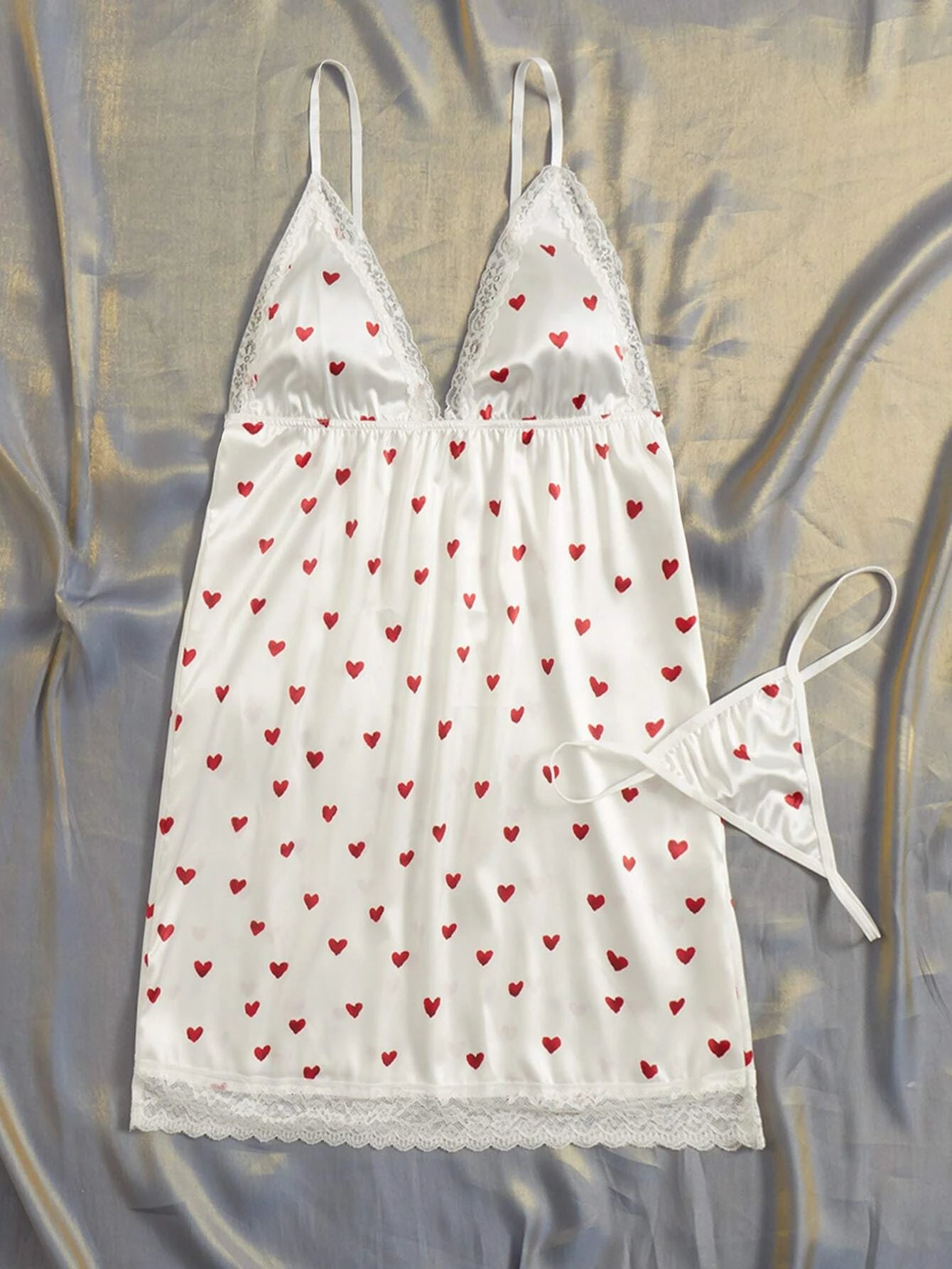 Heart Print Lace Trim Satin Slips With Thong