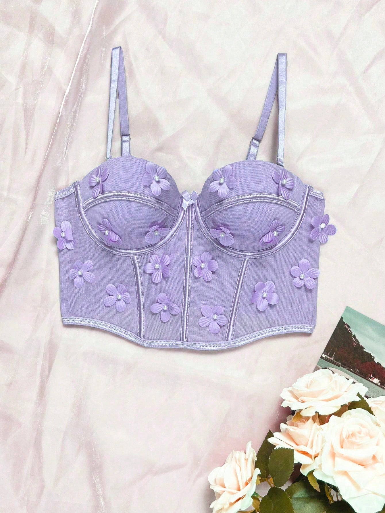 Floral Appliques Mesh Underwire Bra