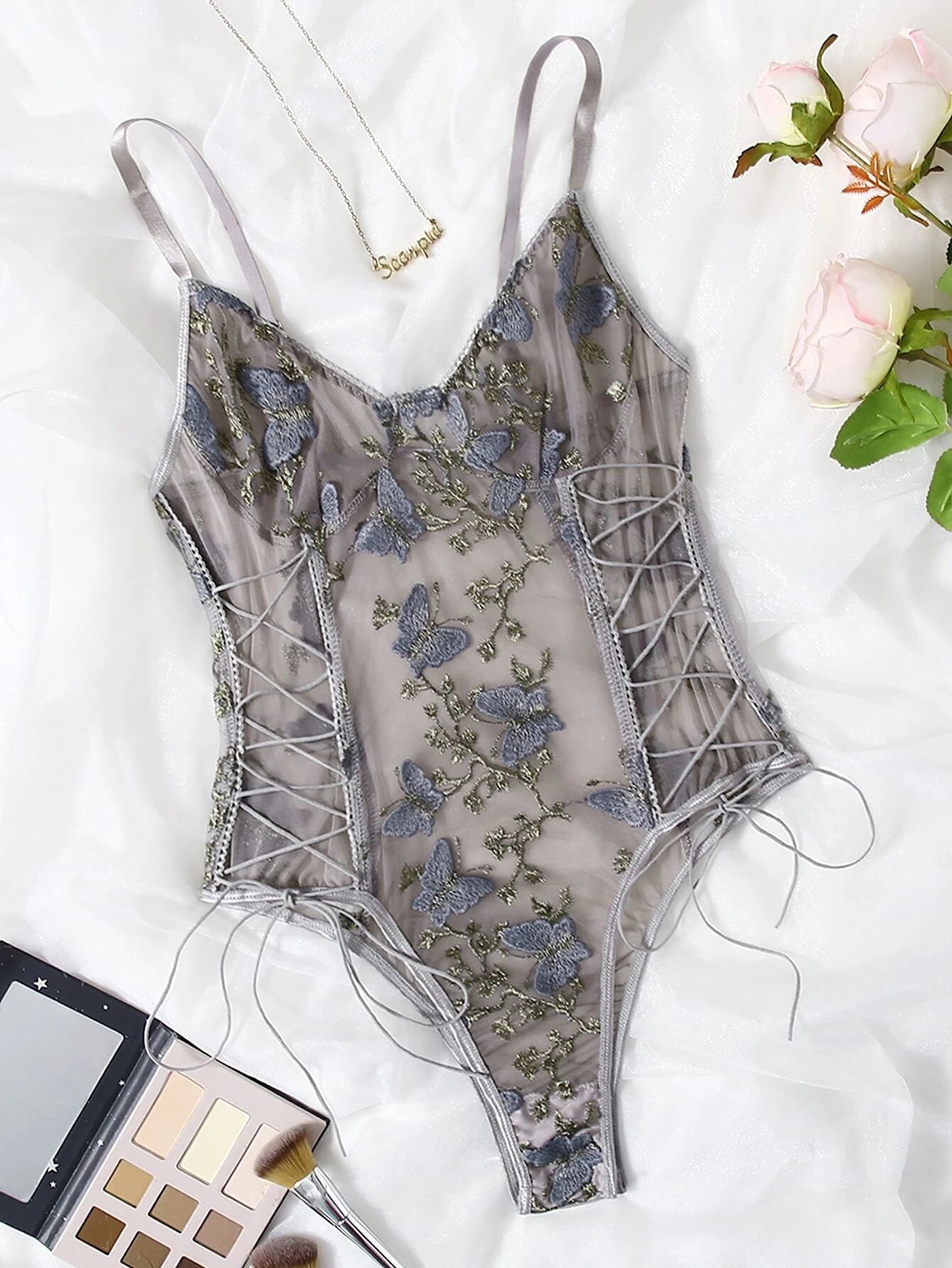 Butterfly Embroidered Mesh Teddy Bodysuit Grey