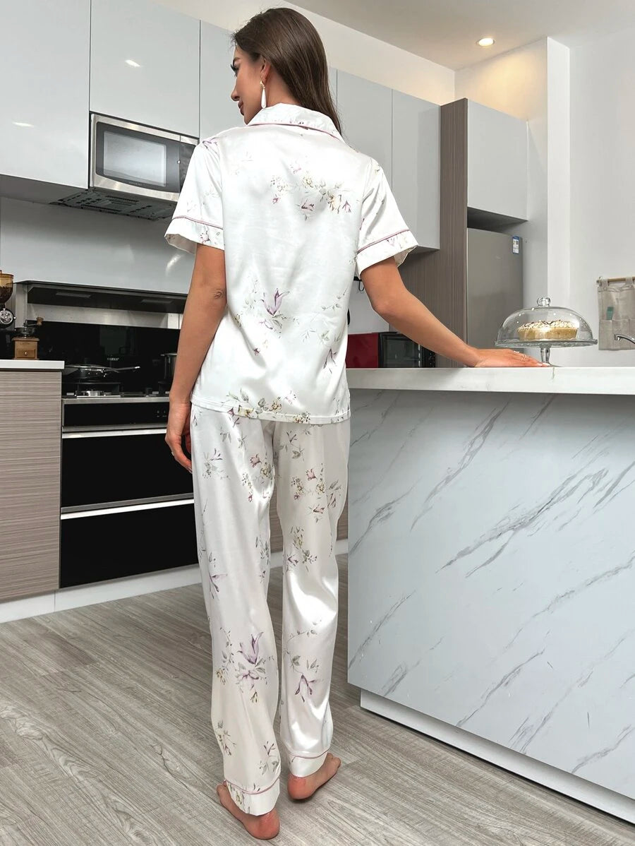 Allover Letter Graphic Pocket Patched Satin Blouse and Pants PJ Set