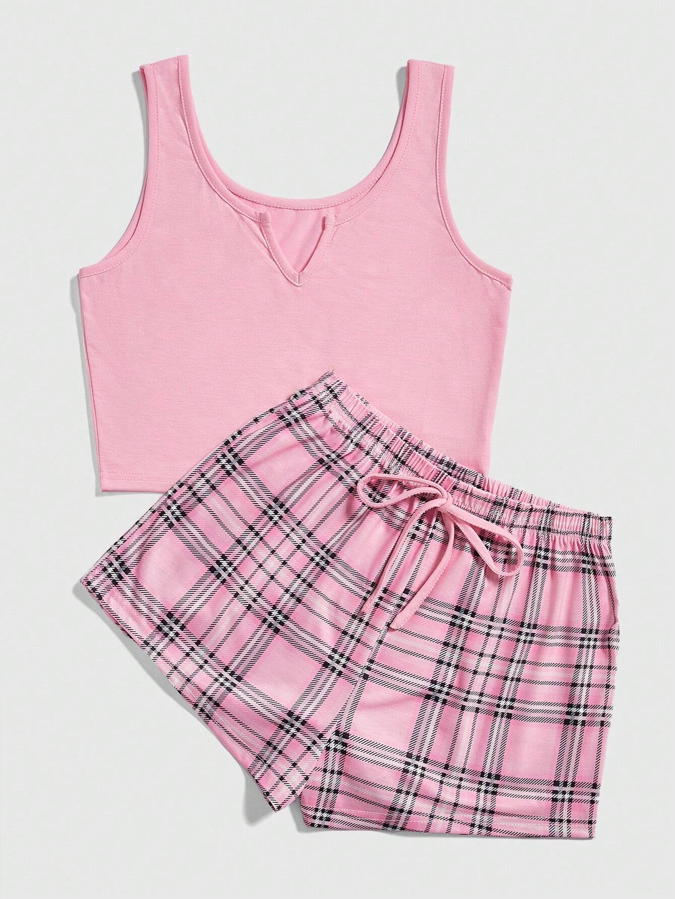 ROMWE Solid Color Sleeveless Top &amp; Plaid Shorts Casual Pajama Set Pink