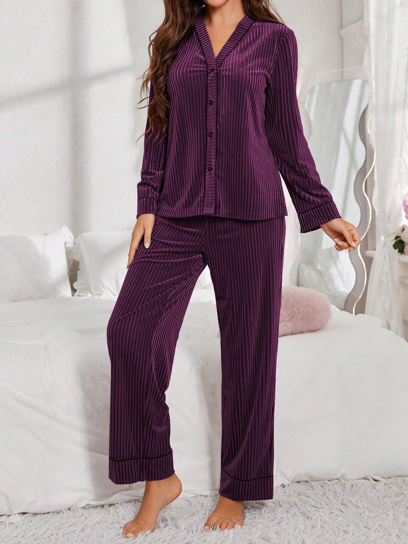 Women Velvet Button-Up Long Sleeve Pajama Set