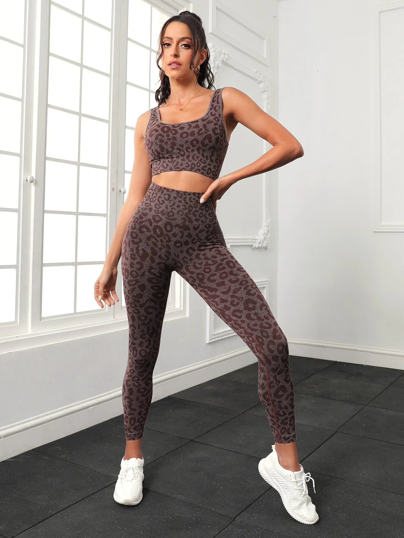 Yoga Trendy 2pcs Seamless Leopard Print Yoga Set Gym Outfits Tank Bra &amp; Wide Waistband Tummy Control Leggings