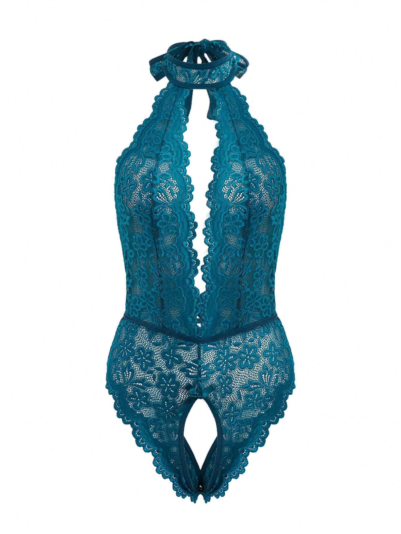 Classic Sexy Floral Lace Scallop Trim Crotchless Teddy Bodysuit Lingerie
