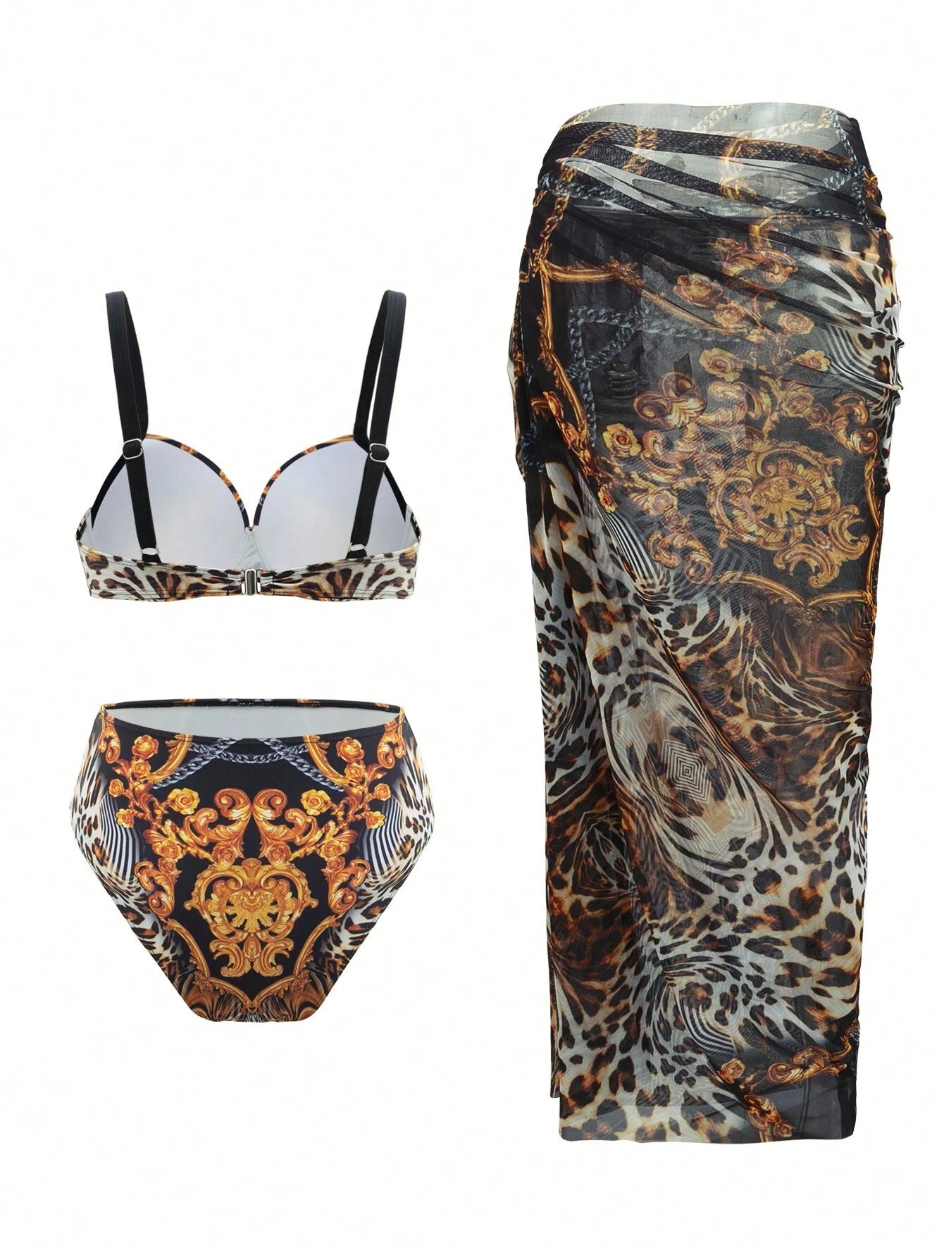 Swim Oasis Women's Baroque Printed Sexy Bikini Set For Vacation With Cover-Up Shirt And Skirt