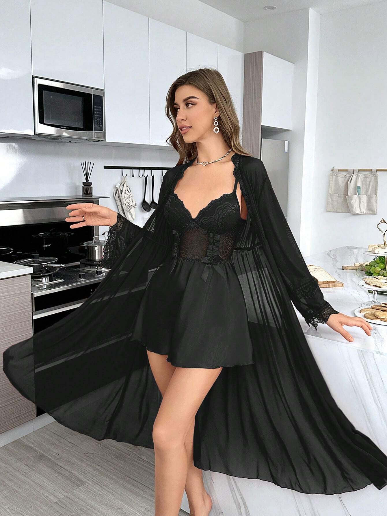 Women Spliced Lace Long Sleeve Robe And Cami Dress Sexy Sleepwear Set Pajama Set Black