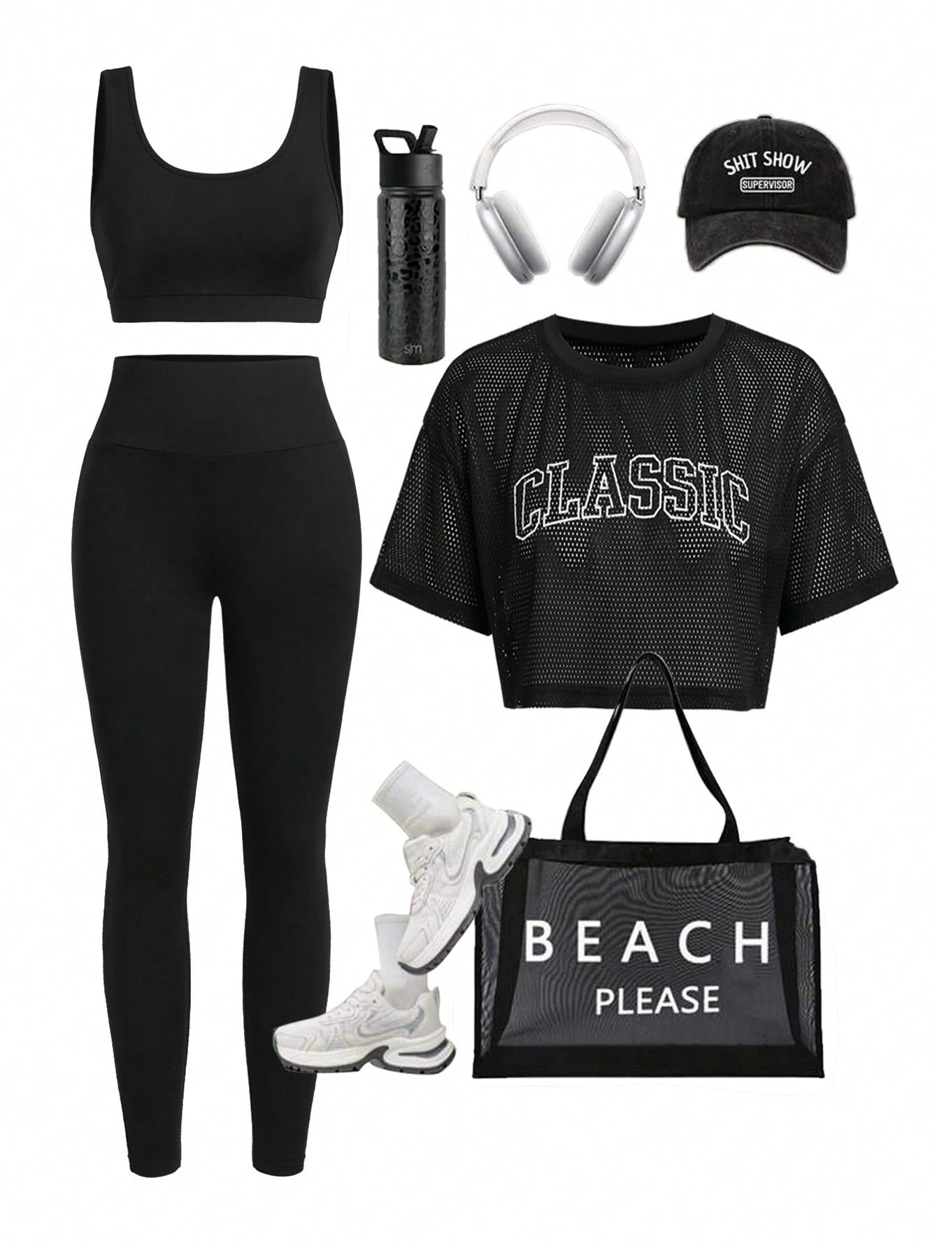 Sport Studio Mesh Printed Vest + Black Basic Slim-Fit Tank Top + &amp; Leggings